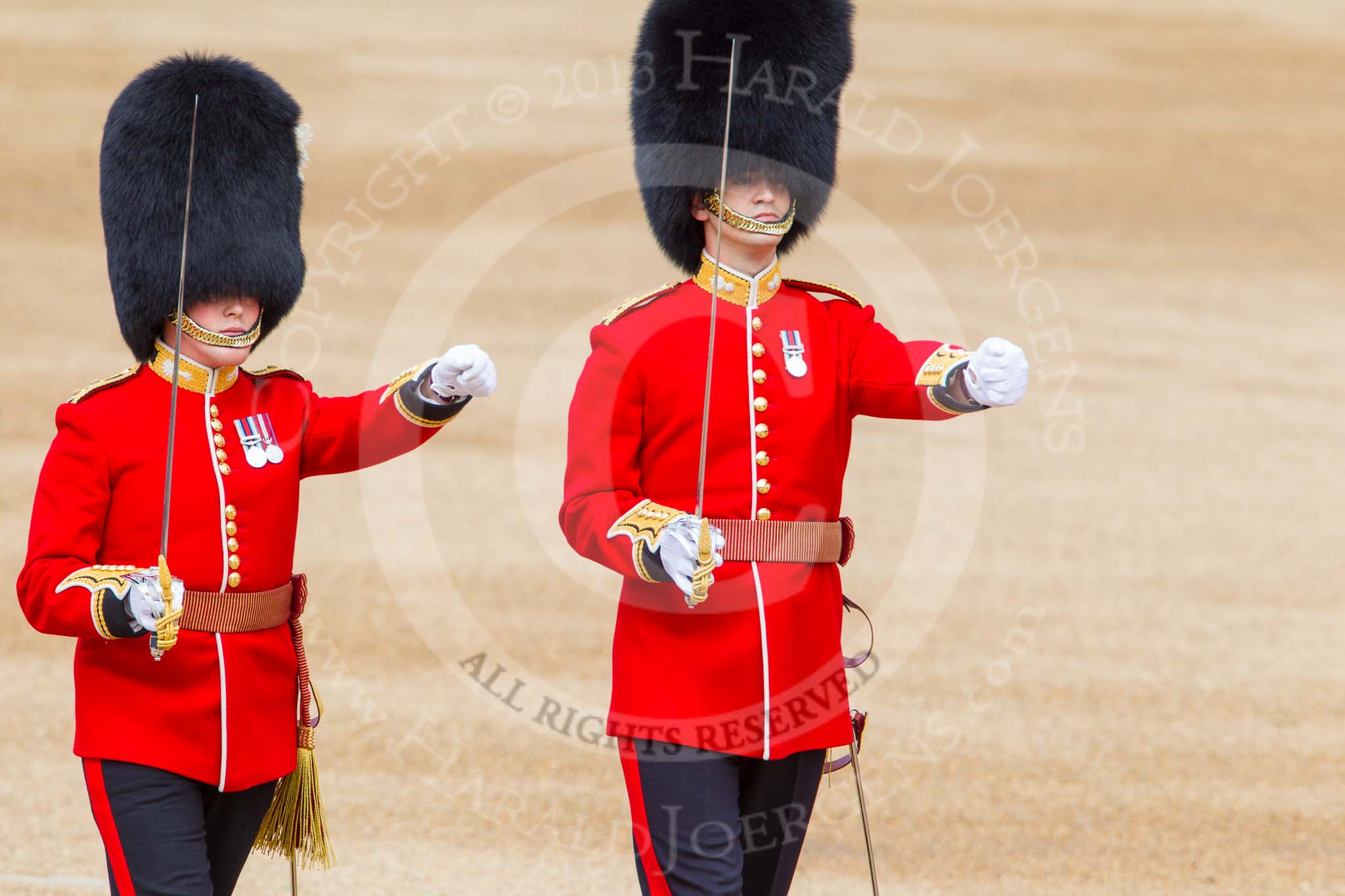 Trooping the Colour 2013: Lieutenant ???, No. 3 Guard, 1st Battalion Welsh Guards, and Lieutenant H C Cartwright, No. 4 Guard, Nijmegen Company Grenadier Guards. Image #112, 15 June 2013 10:31 Horse Guards Parade, London, UK