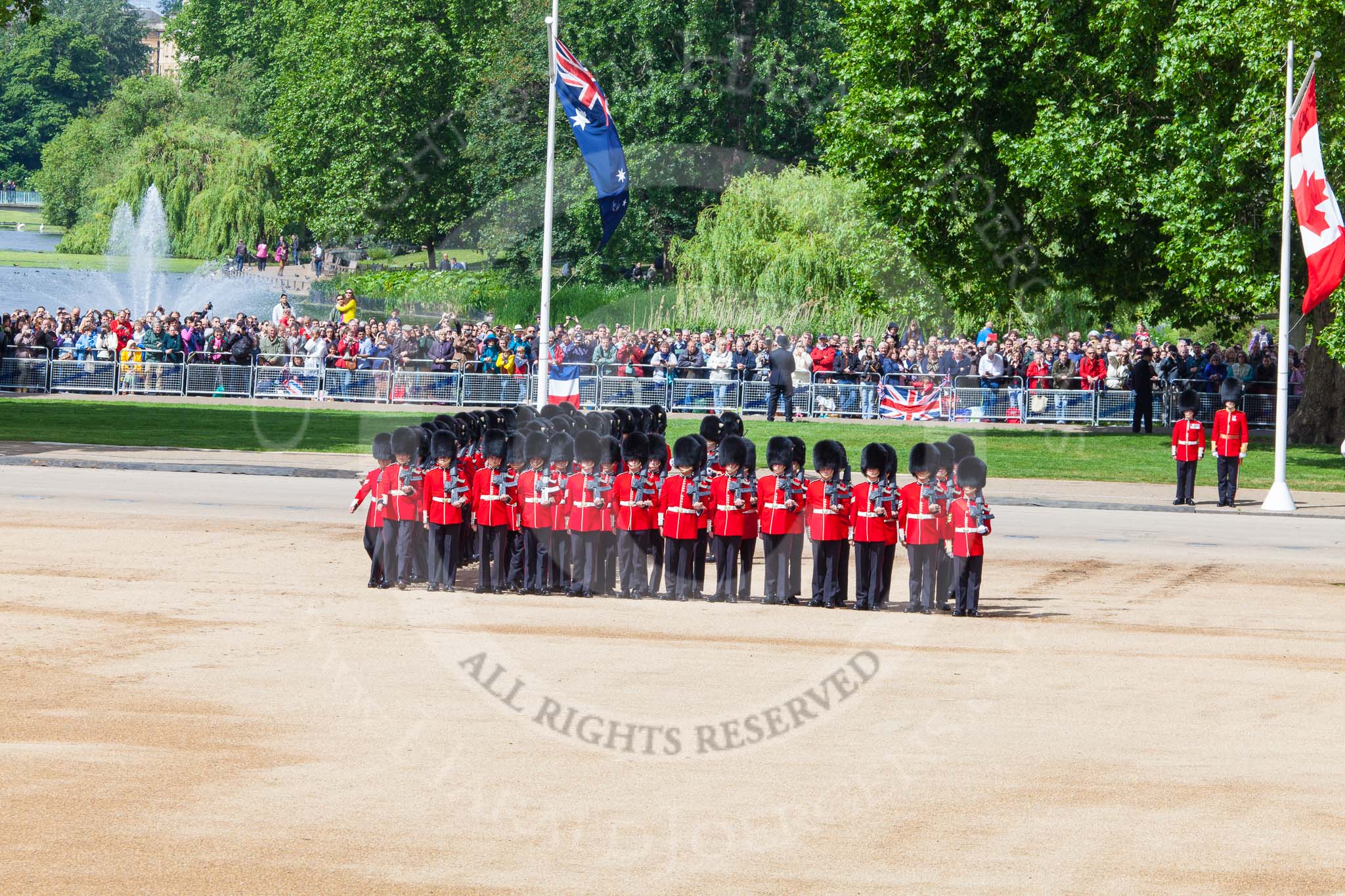 Trooping the Colour 2013: All six guards reposition to form a single, long, L-shaped line. Image #131, 15 June 2013 10:36 Horse Guards Parade, London, UK
