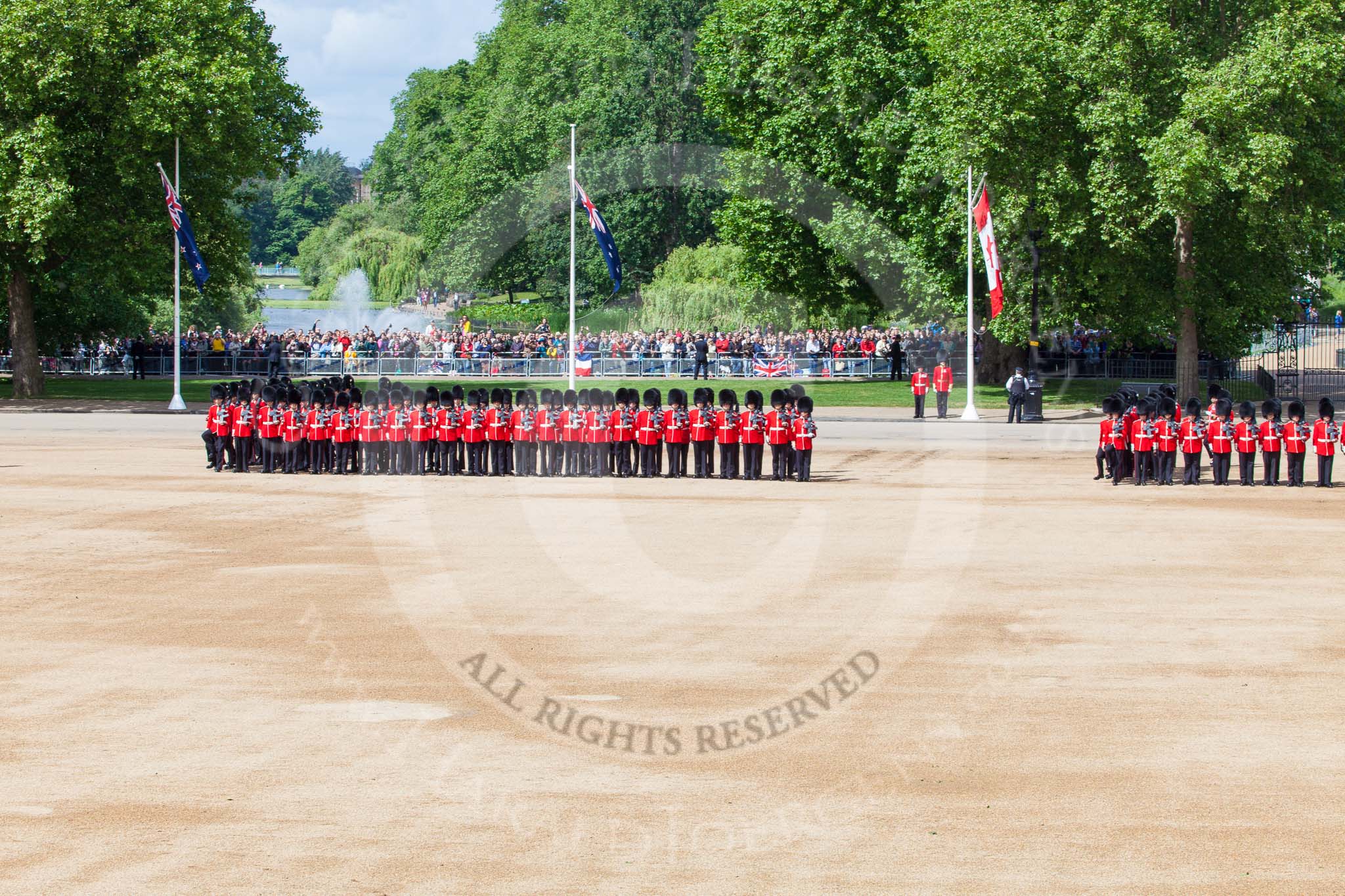 Trooping the Colour 2013: All six guards reposition to form a single, long, L-shaped line. Image #132, 15 June 2013 10:36 Horse Guards Parade, London, UK