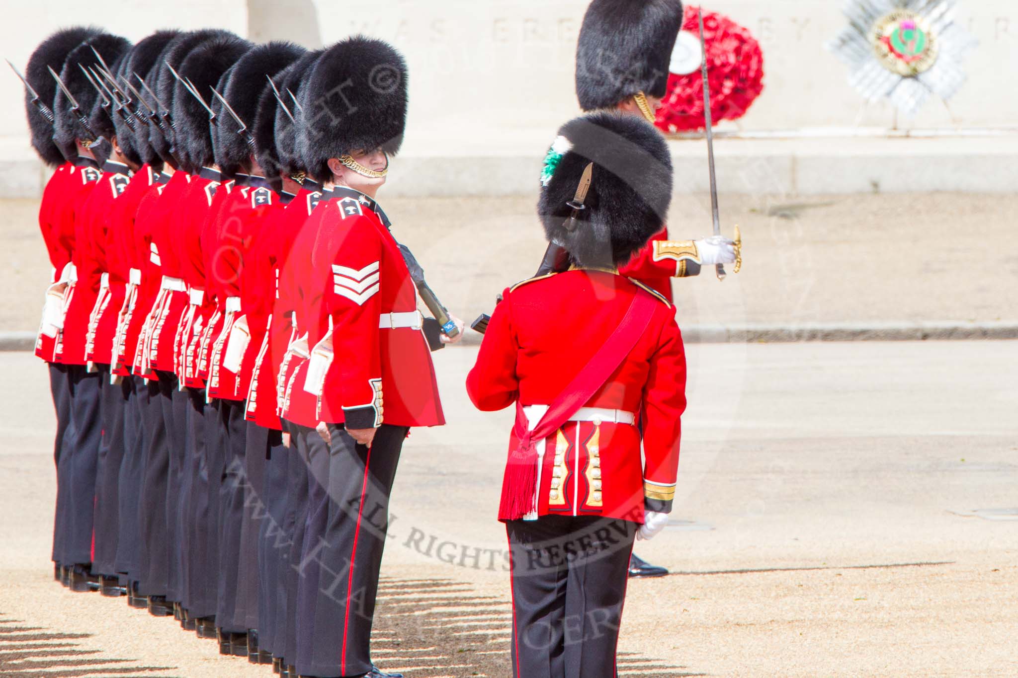Trooping the Colour 2013: No. 3 Guard, 1st Battalion Welsh Guards, at the gap in the line for members of the Royal Family. Image #174, 15 June 2013 10:44 Horse Guards Parade, London, UK