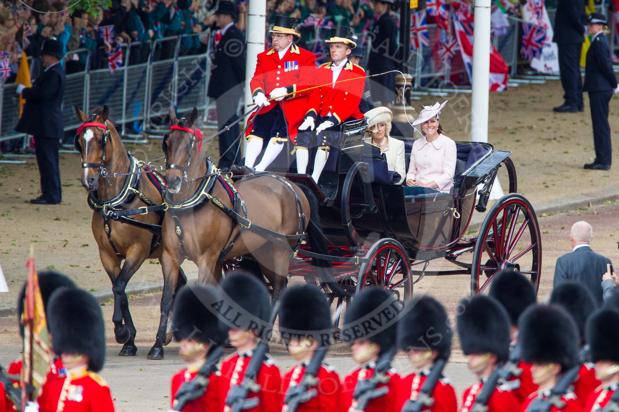 Trooping the Colour 2013: HRH The Duchess of Cornwall  and HRH The Duchess of Cambridge in the first barouche carriage on the way across Horse Guards Parade to watch the parade from the Major General's office. Image #182, 15 June 2013 10:49 Horse Guards Parade, London, UK