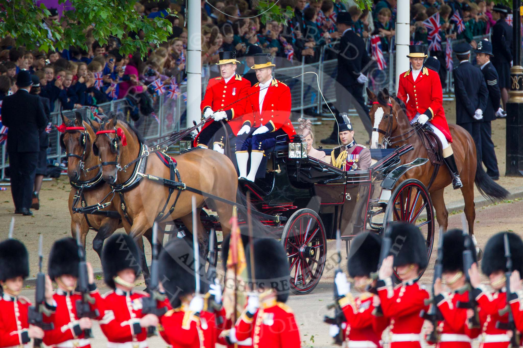 Trooping the Colour 2013: HRH The Earl of Wessex and HRH The Countess of Wessexin the third barouche carriage on the way across Horse Guards Parade to watch the parade from the Major General's office. Image #186, 15 June 2013 10:49 Horse Guards Parade, London, UK