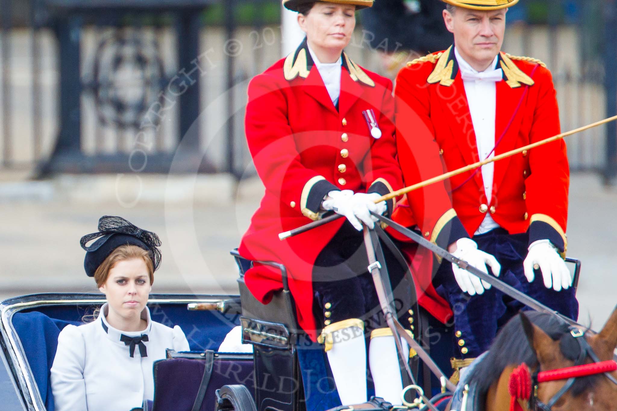Trooping the Colour 2013: HRH Princess Beatrice of York in the second barouche carriage on the way across Horse Guards Parade to watch the parade from the Major General's office. Image #198, 15 June 2013 10:50 Horse Guards Parade, London, UK