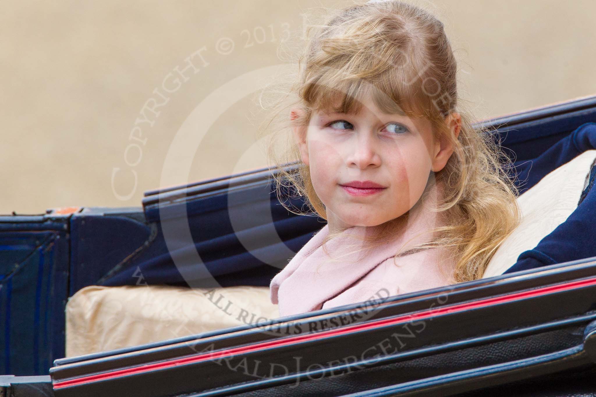 Trooping the Colour 2013: Lady Louise Windsor, the daughter of HRH The Countess of Wessex and HRH The Earl of Wessex in the third barouche carriage on the way across Horse Guards Parade to watch the parade from the Major General's office..
Horse Guards Parade, Westminster,
London SW1,

United Kingdom,
on 15 June 2013 at 10:51, image #217