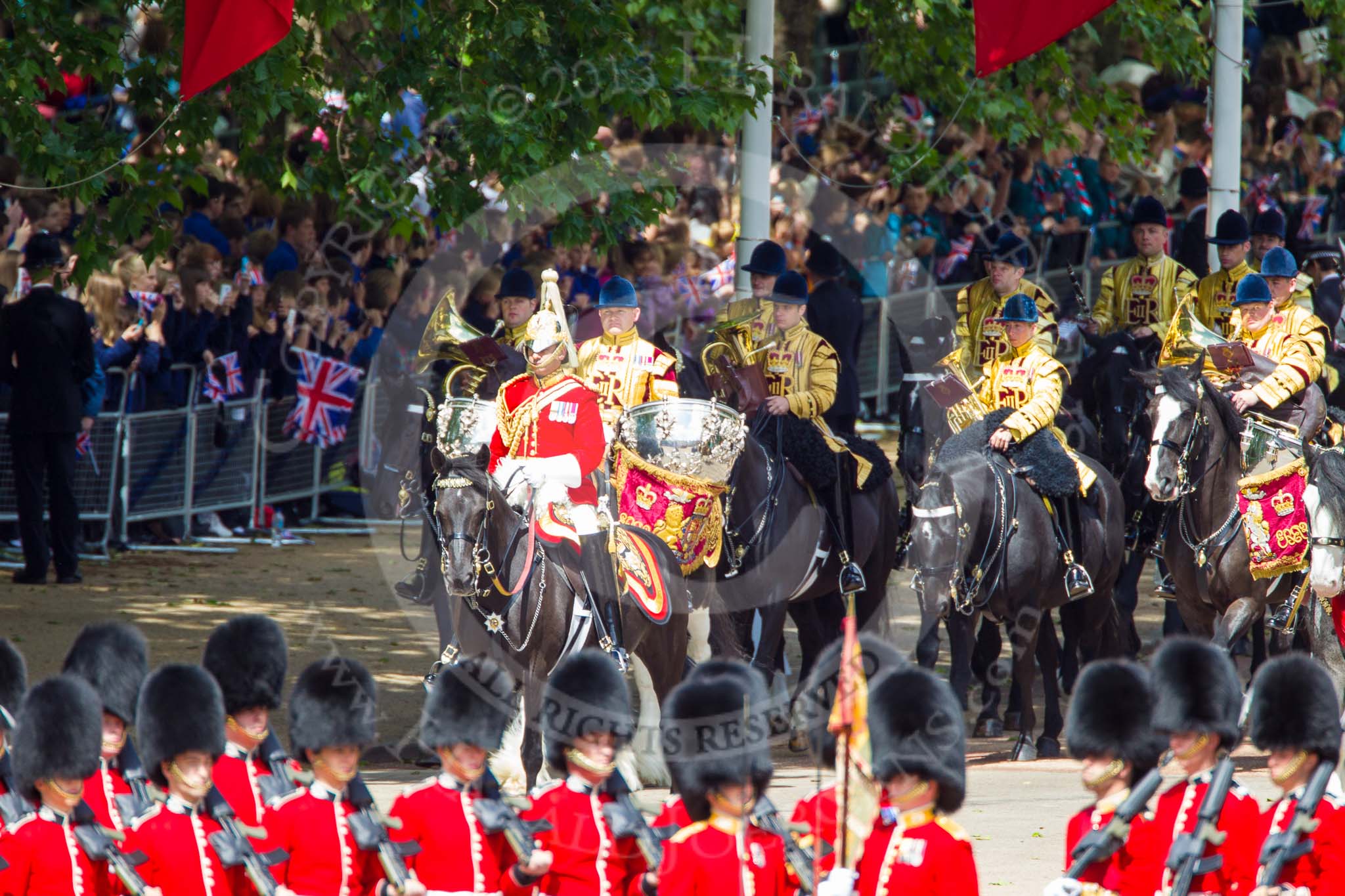 Trooping the Colour 2013: The Mounted Bands of the Household Cavalry are marching down Horse Guards Road as the third element of the Royal Procession. Image #237, 15 June 2013 10:56 Horse Guards Parade, London, UK