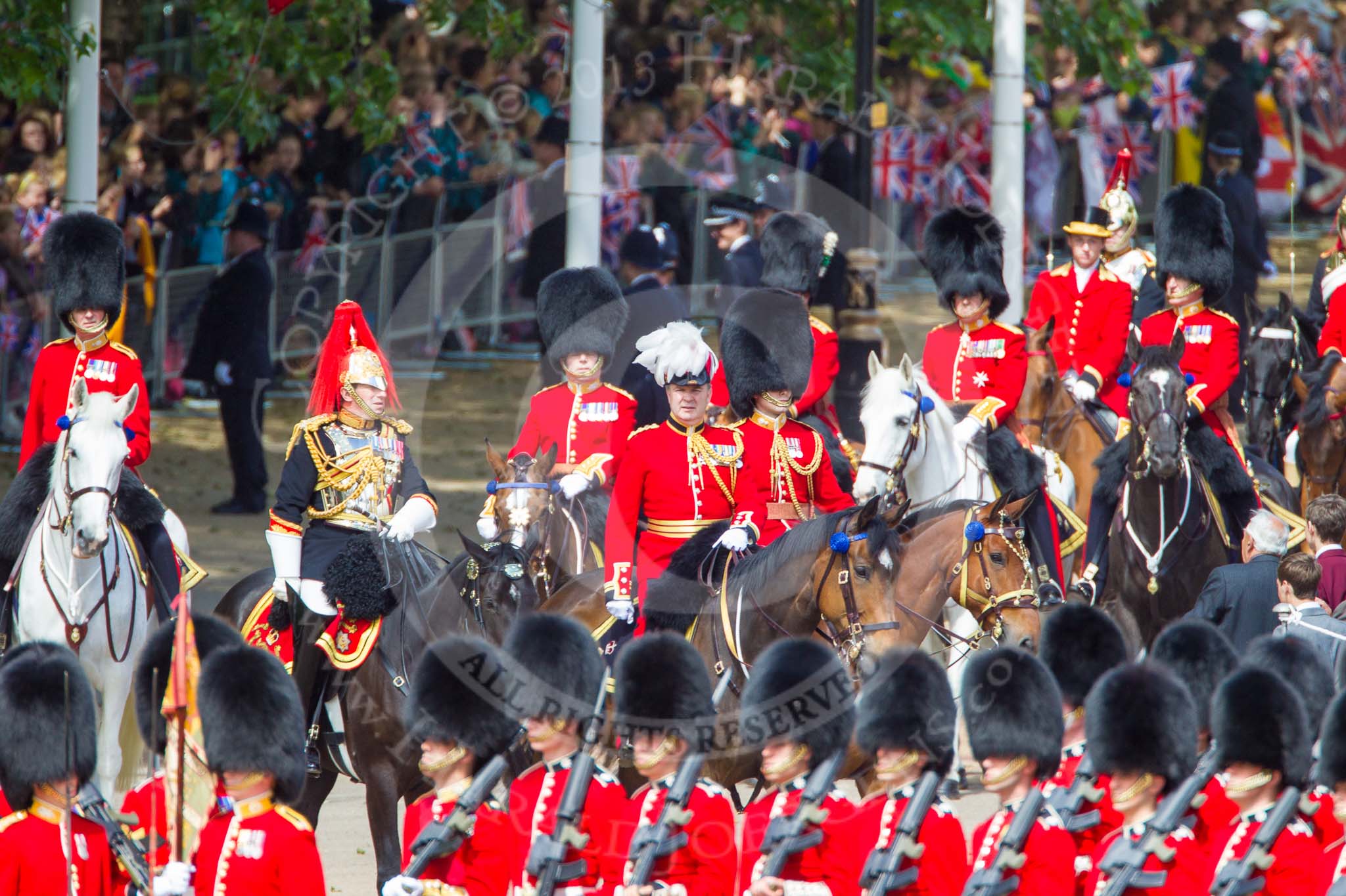 Trooping the Colour 2013: The Chief of Staff, Colonel Hugh Bodington, Welsh Guards, and other members of the Royal Procession (see the following images) are turning onto Horse Guards Parade. Image #267, 15 June 2013 10:58 Horse Guards Parade, London, UK
