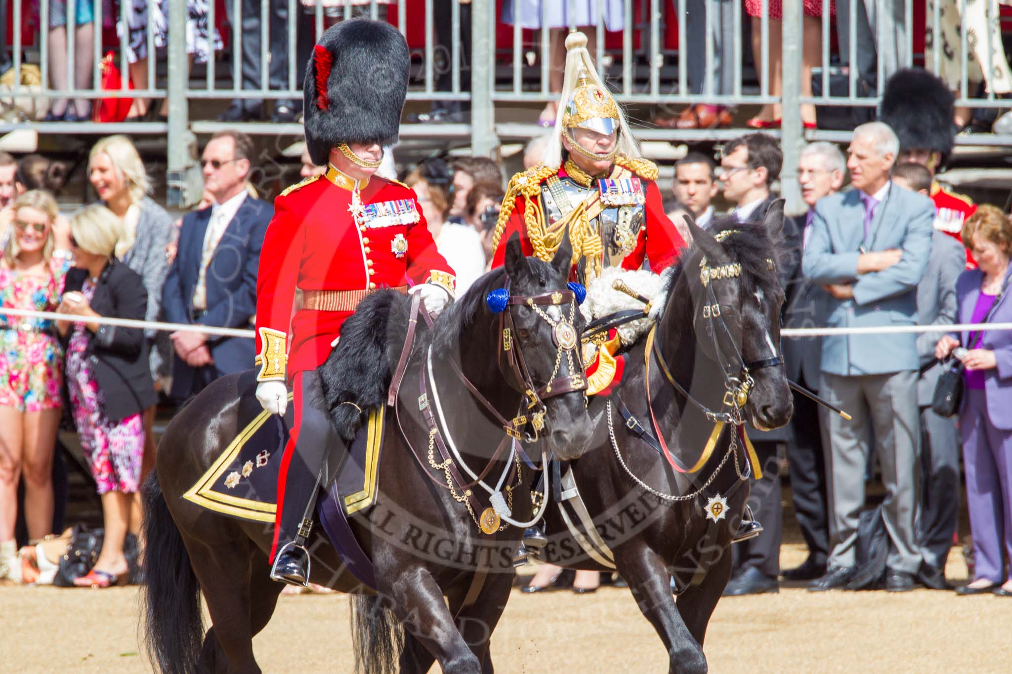 Trooping the Colour 2013: The Non-Royal Colonels, Colonel Coldstream Guards General Sir James Bucknall and Gold Stick in Waiting and Colonel Life Guards, Field Marshal the Lord Guthrie of Craigiebank. Image #283, 15 June 2013 10:59 Horse Guards Parade, London, UK