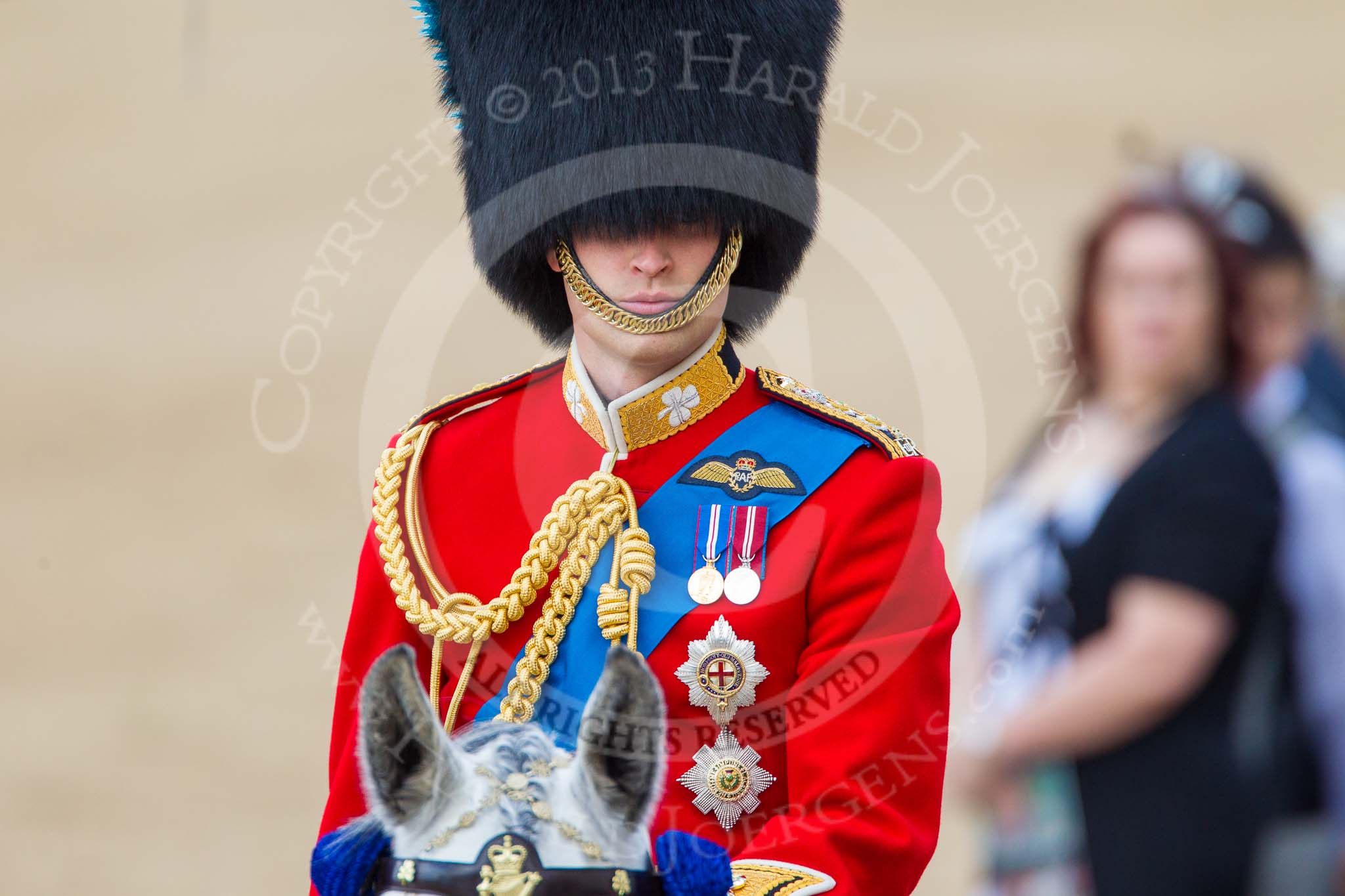 Trooping the Colour 2013: Close-up of HRH The Duke of Cambridge, Colonel Irish Guards, on horseback during the Inspection of the line..
Horse Guards Parade, Westminster,
London SW1,

United Kingdom,
on 15 June 2013 at 11:02, image #302