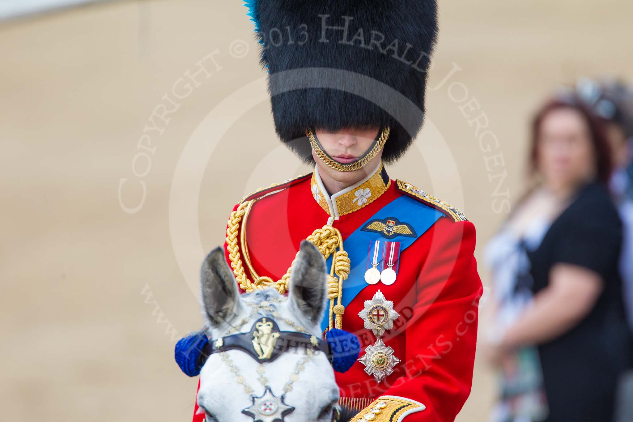 Trooping the Colour 2013: Close-up of HRH The Duke of Cambridge, Colonel Irish Guards, on horseback during the Inspection of the line..
Horse Guards Parade, Westminster,
London SW1,

United Kingdom,
on 15 June 2013 at 11:02, image #303