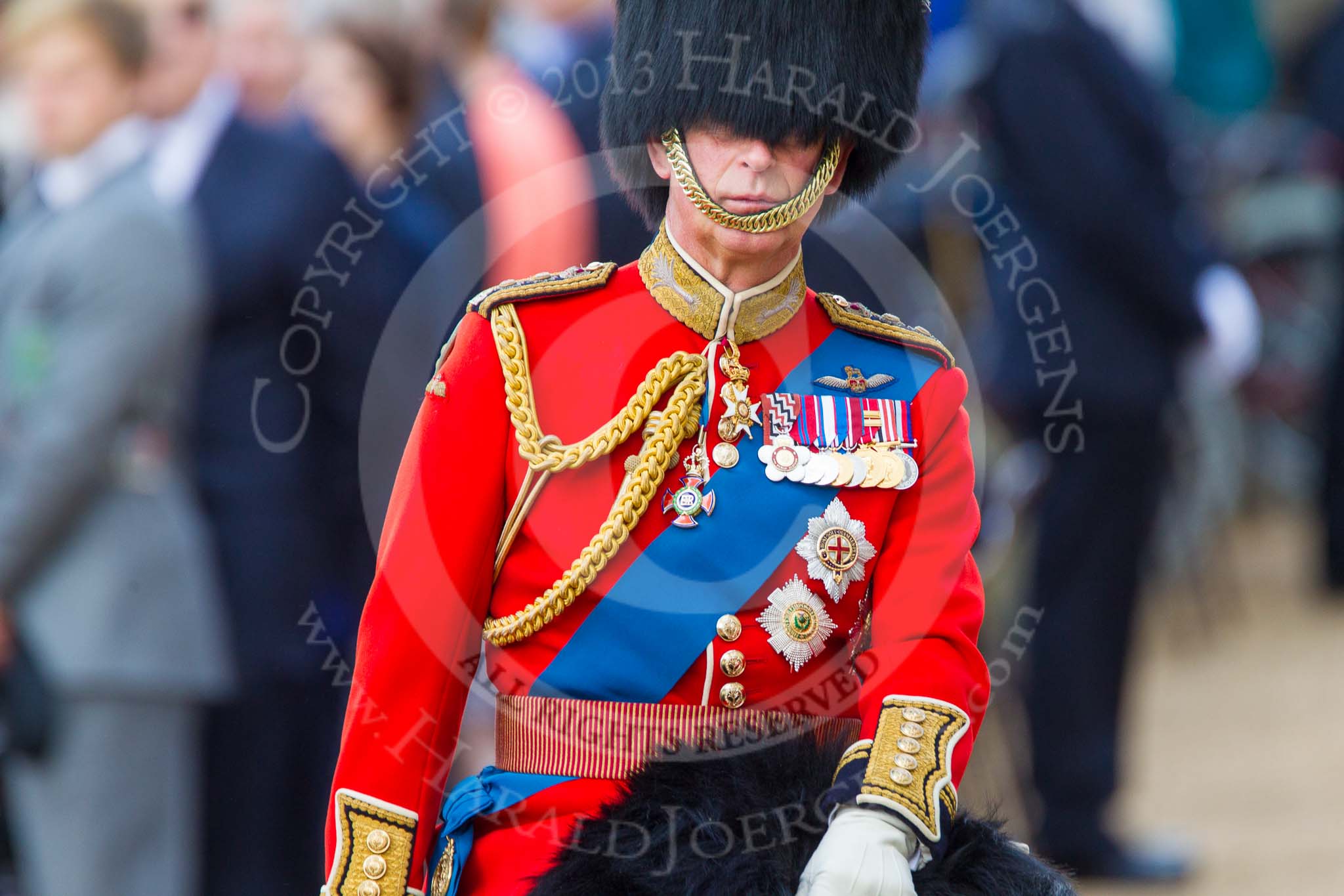Trooping the Colour 2013: Close-up of HRH The Prince of Wales, Colonel Welsh Guards, on horseback during the Inspection of the line..
Horse Guards Parade, Westminster,
London SW1,

United Kingdom,
on 15 June 2013 at 11:02, image #306