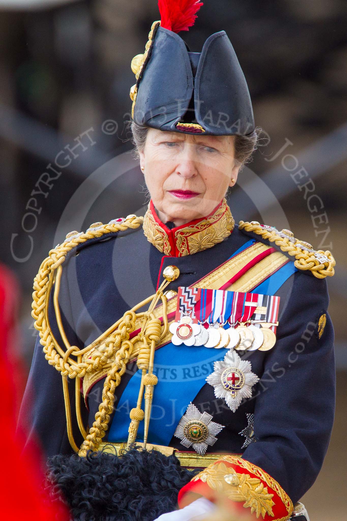 Trooping the Colour 2013: Close-up of HRH The Princess Royal, Colonel The Blues and Royals (Royal Horse Guards and 1st Dragoons), on horseback during the Inspection of the line..
Horse Guards Parade, Westminster,
London SW1,

United Kingdom,
on 15 June 2013 at 11:02, image #311