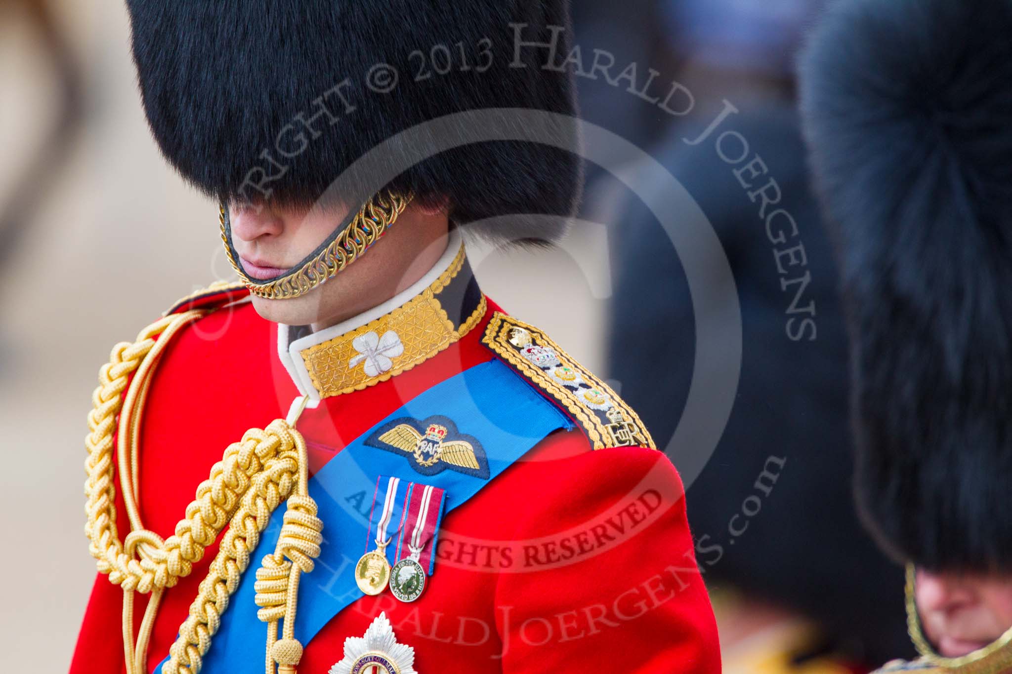Trooping the Colour 2013: Close-up of HRH The Duke of Cambridge, Colonel Irish Guards, on horseback during the Inspection of the line..
Horse Guards Parade, Westminster,
London SW1,

United Kingdom,
on 15 June 2013 at 11:02, image #315