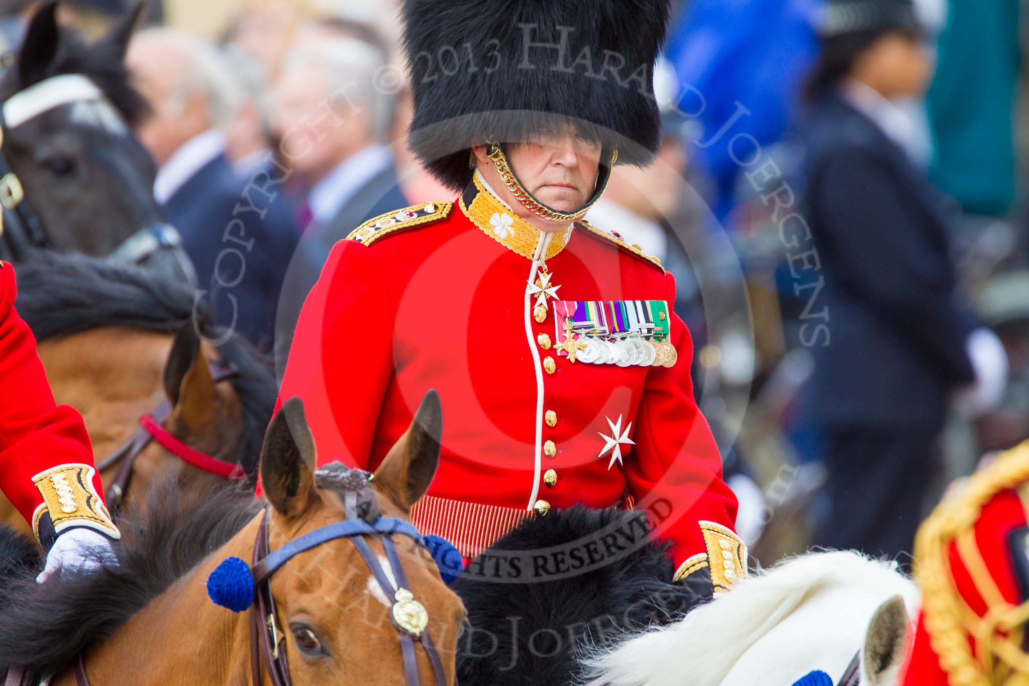 Trooping the Colour 2013: Foot Guards Regimental Adjutant Colonel T C R B Purdon, Irish Guards, during the Inspection of the Line..
Horse Guards Parade, Westminster,
London SW1,

United Kingdom,
on 15 June 2013 at 11:03, image #328