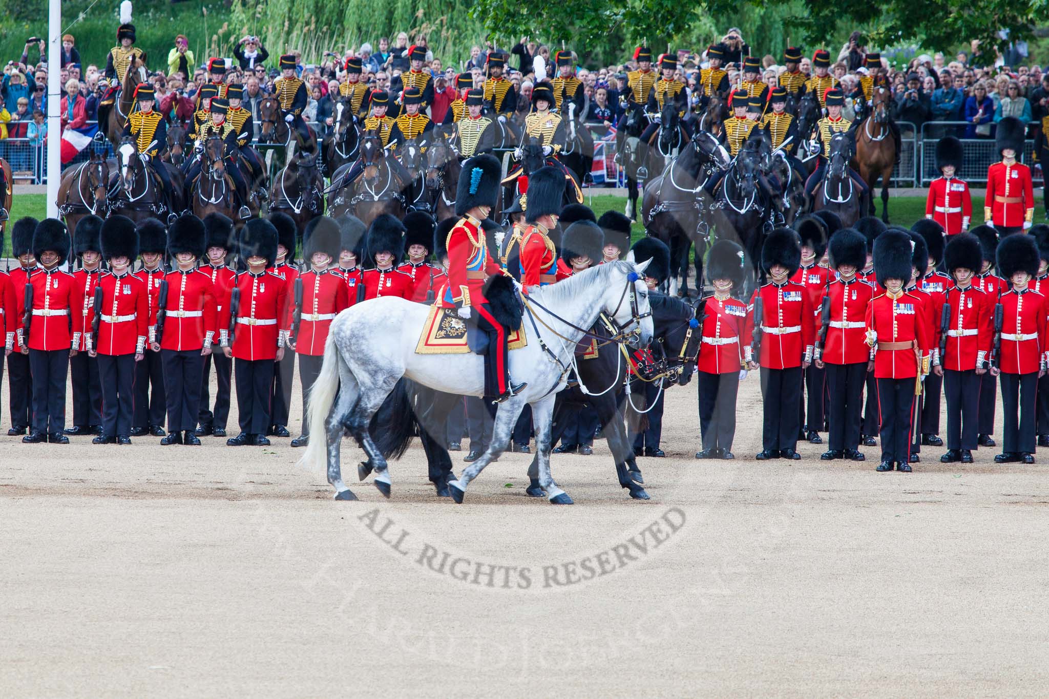 Trooping the Colour 2013: The Royal Colonels during the Inspection of the Line - HRH The Duke of Cambridge, Colonel Irish Guards, HRH The Prince of Wales, Colonel Welsh Guards, and HRH The Princess Royal, Colonel The Blues and Royals (Royal Horse Guards and 1st Dragoons). Image #333, 15 June 2013 11:03 Horse Guards Parade, London, UK