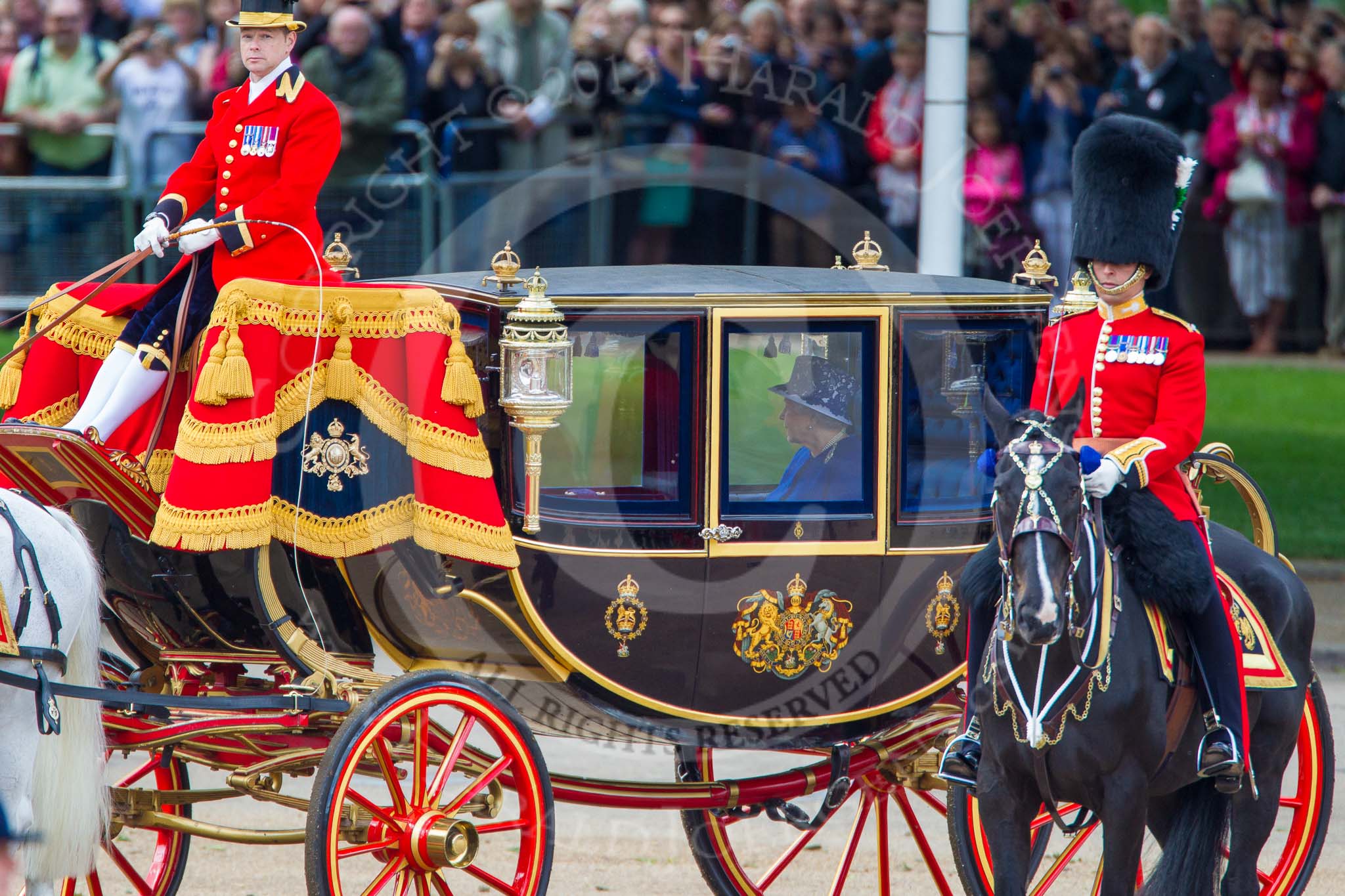 Trooping the Colour 2013: The Major of the Parade, Major H G C Bettinson, Welsh Guards, and HM The Queen in the Glass Coach..
Horse Guards Parade, Westminster,
London SW1,

United Kingdom,
on 15 June 2013 at 11:06, image #354