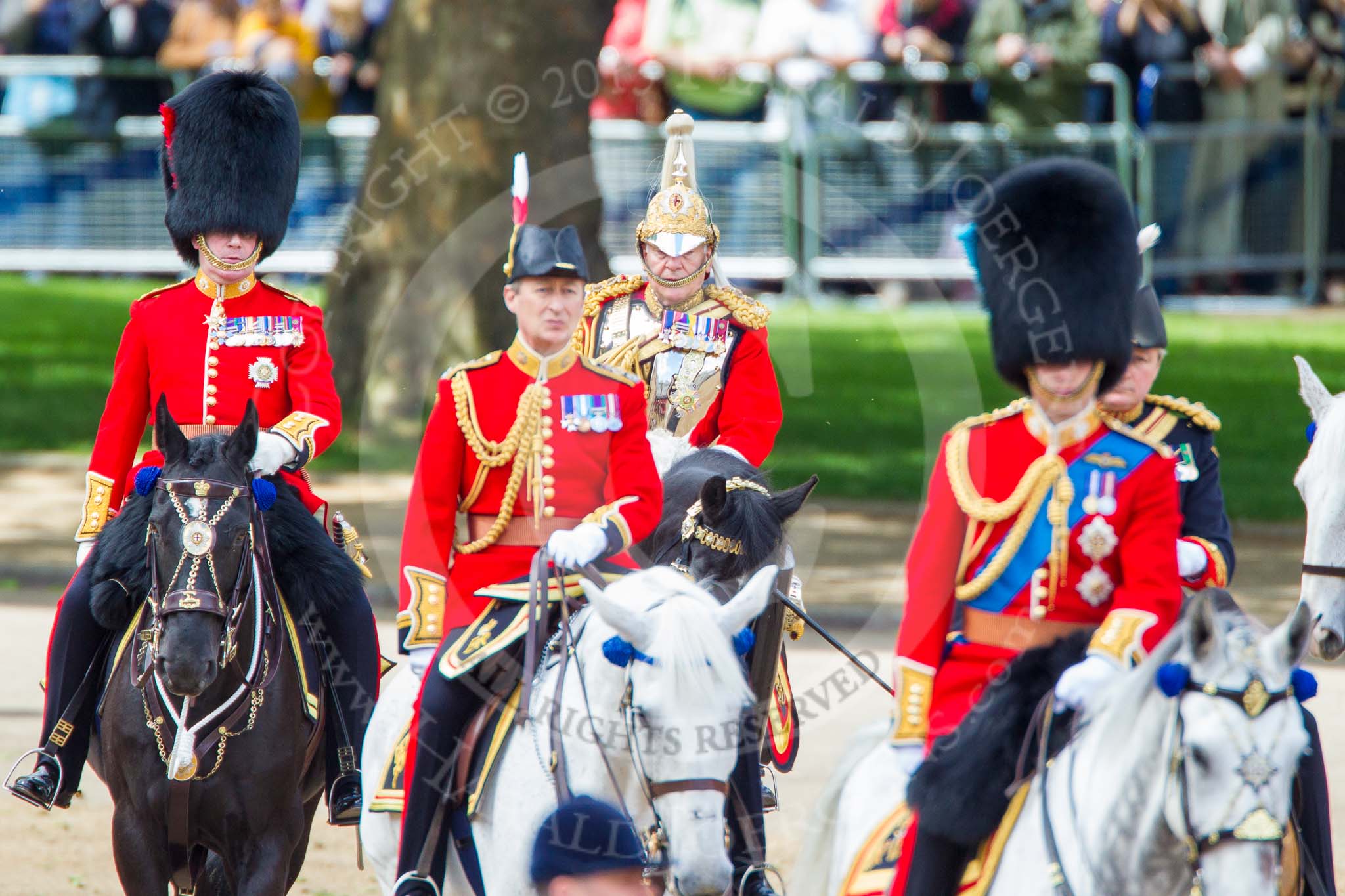Trooping the Colour 2013: The Non-Royal Colonels, Colonel Coldstream Guards General Sir James Bucknall and Gold Stick in Waiting and Colonel Life Guards, Field Marshal the Lord Guthrie of Craigiebank, in focus behind the Crown Equerries and The Duke of Cambridge..
Horse Guards Parade, Westminster,
London SW1,

United Kingdom,
on 15 June 2013 at 11:06, image #366
