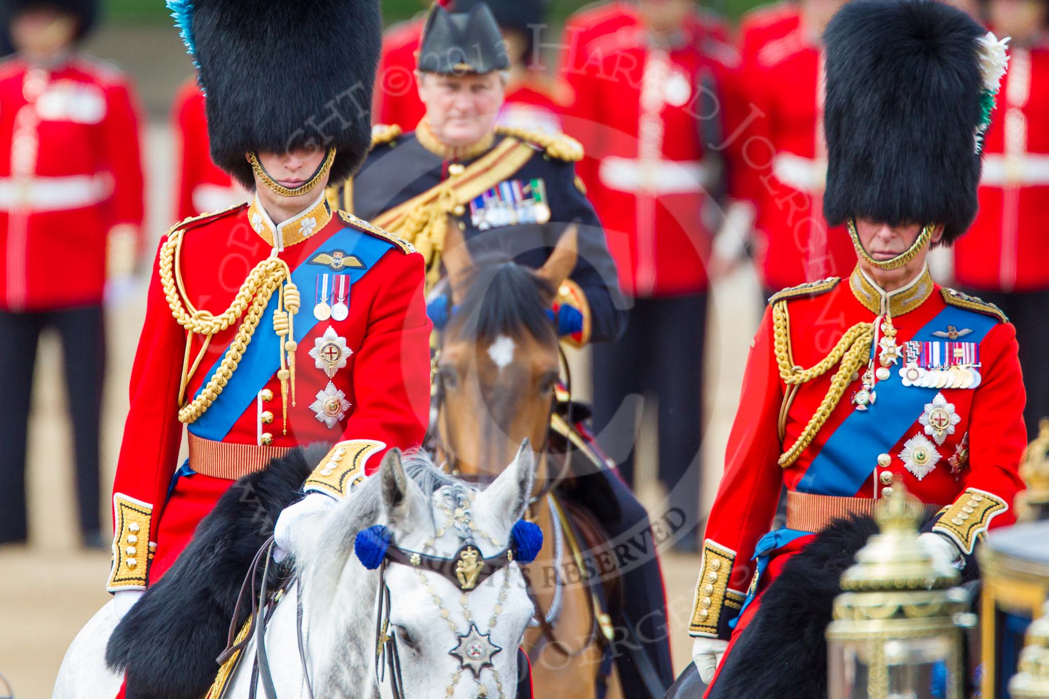 Trooping the Colour 2013: HRH The Duke of Cambridge, Colonel Irish Guards and HRH The Prince of Wales, Colonel Welsh Guards on horseback after the Inspection of the line..
Horse Guards Parade, Westminster,
London SW1,

United Kingdom,
on 15 June 2013 at 11:07, image #370
