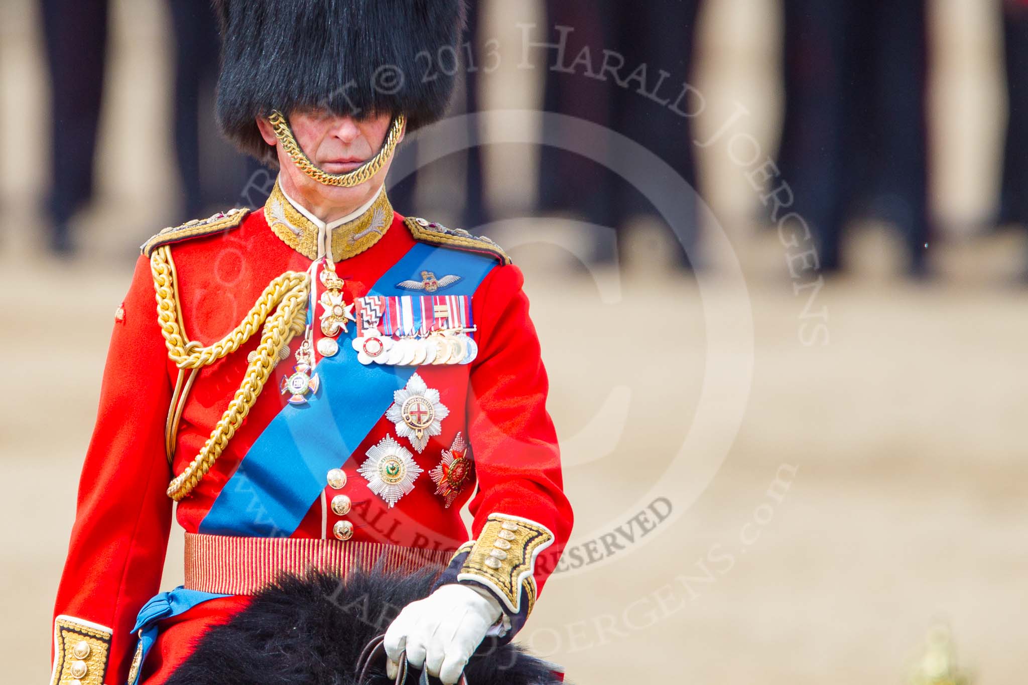 Trooping the Colour 2013: Close-up of HRH The Prince of Wales, Colonel Welsh Guards, on horseback after the Inspection of the Line. Image #374, 15 June 2013 11:07 Horse Guards Parade, London, UK