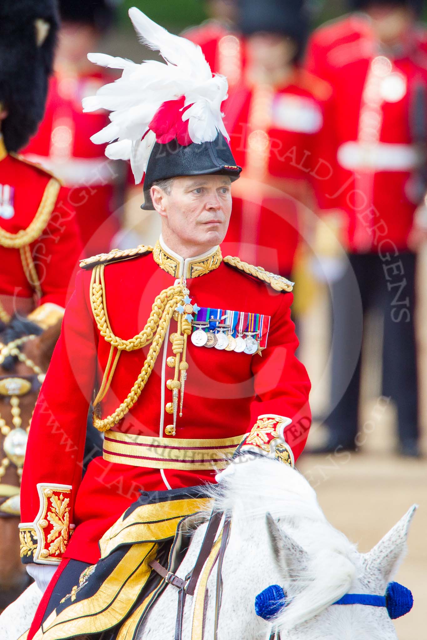 Trooping the Colour 2013: Major General Commanding the Household Division and General Officer Commanding London District, Major George Norton, on horseback after the Inspection of the Line. Image #379, 15 June 2013 11:07 Horse Guards Parade, London, UK