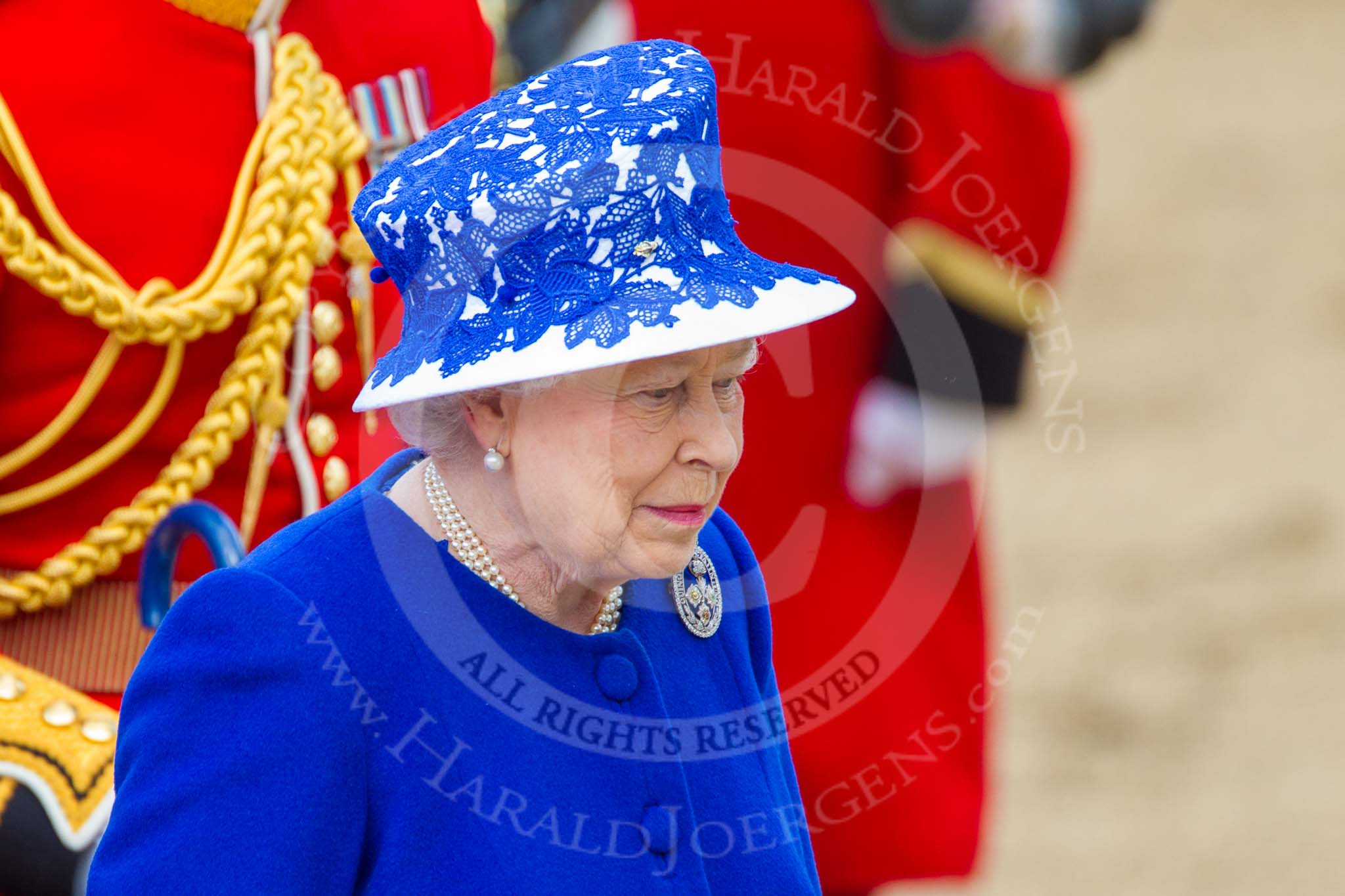 Trooping the Colour 2013: Close-up of HM The Queen on the way to dais after the Inspection of the Line..
Horse Guards Parade, Westminster,
London SW1,

United Kingdom,
on 15 June 2013 at 11:08, image #385
