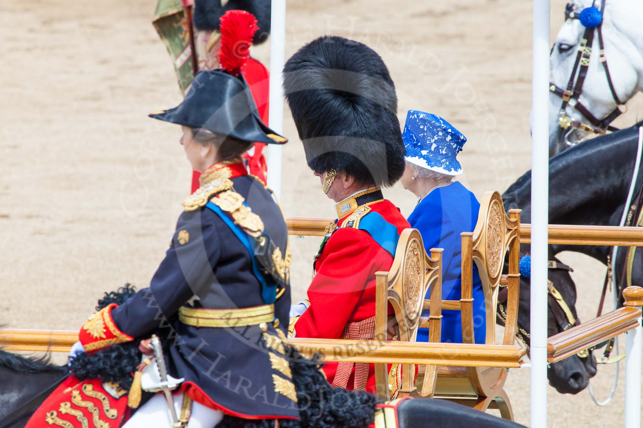 Trooping the Colour 2013: HM The Queen and HRH The Duke of Kent on the dais watching the massed bands troop. Image #410, 15 June 2013 11:12 Horse Guards Parade, London, UK