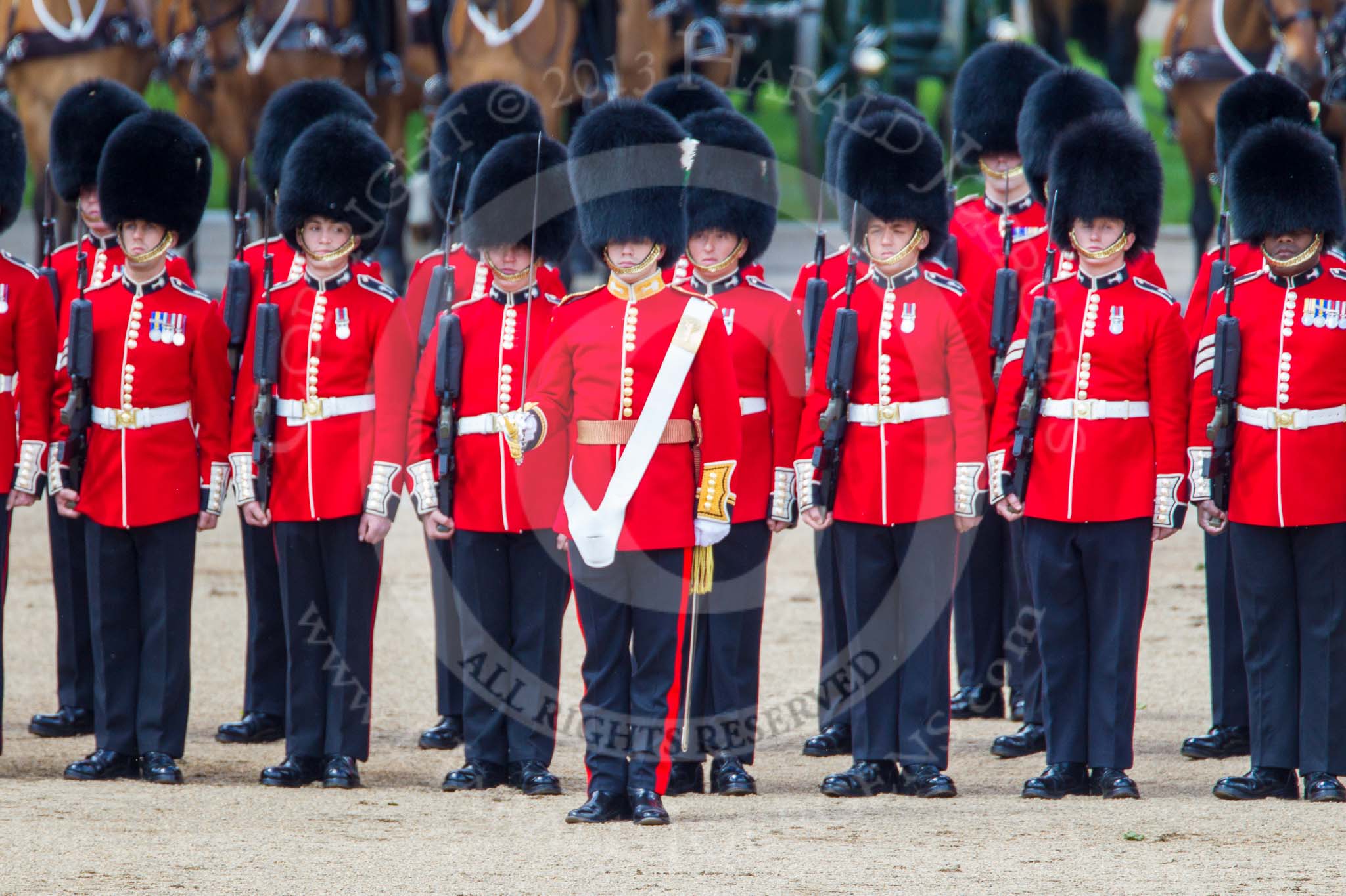 Trooping the Colour 2013: No. 1 Guard (Escort for the Colour),1st Battalion Welsh Guards, with the Ensign, Second Lieutenant Joel Dinwiddle, in the centre. Image #423, 15 June 2013 11:15 Horse Guards Parade, London, UK