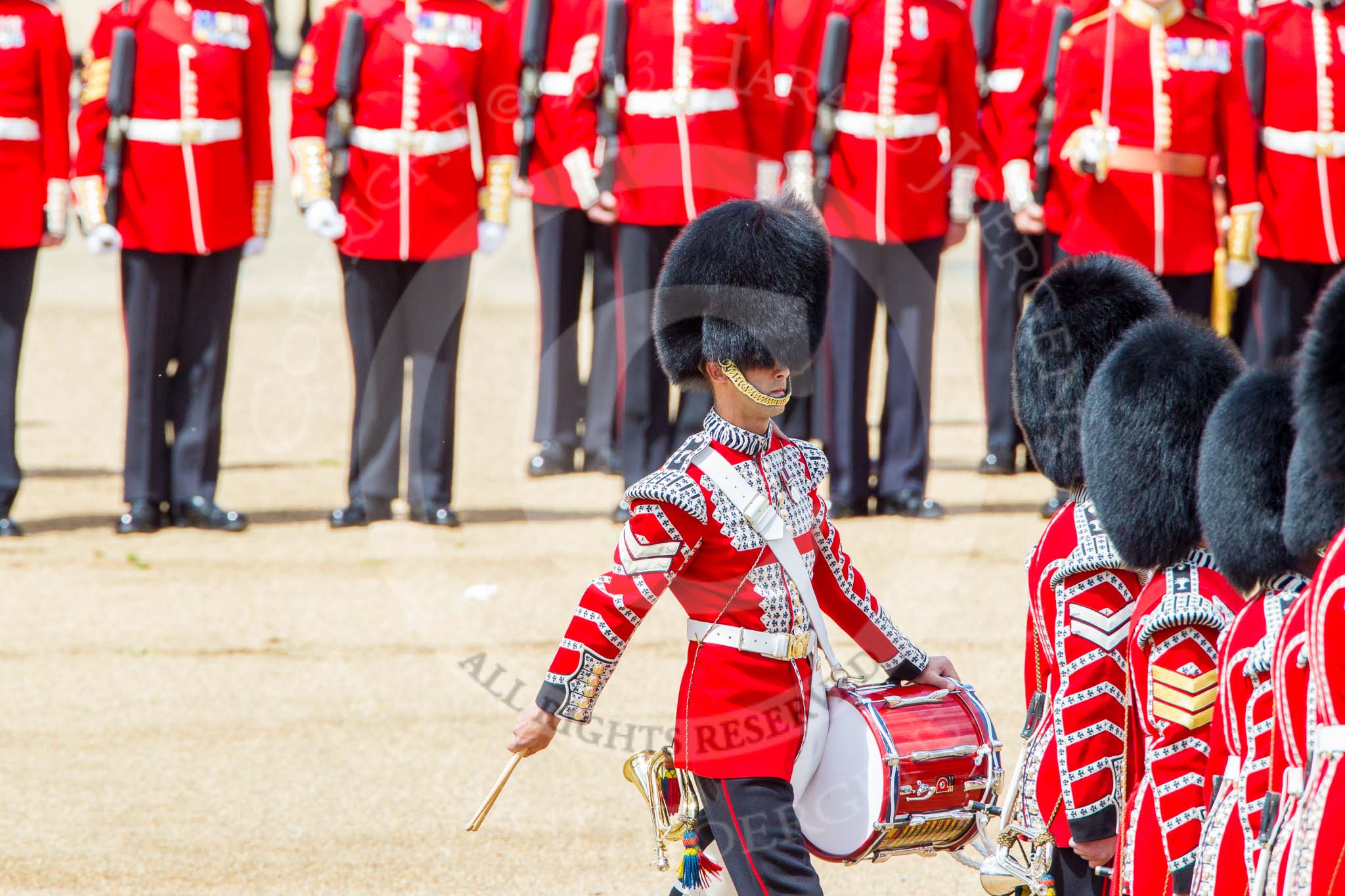 Trooping the Colour 2013: The "Lone Drummer", Lance Corporal Christopher Rees,  re-joins the band. Image #432, 15 June 2013 11:16 Horse Guards Parade, London, UK