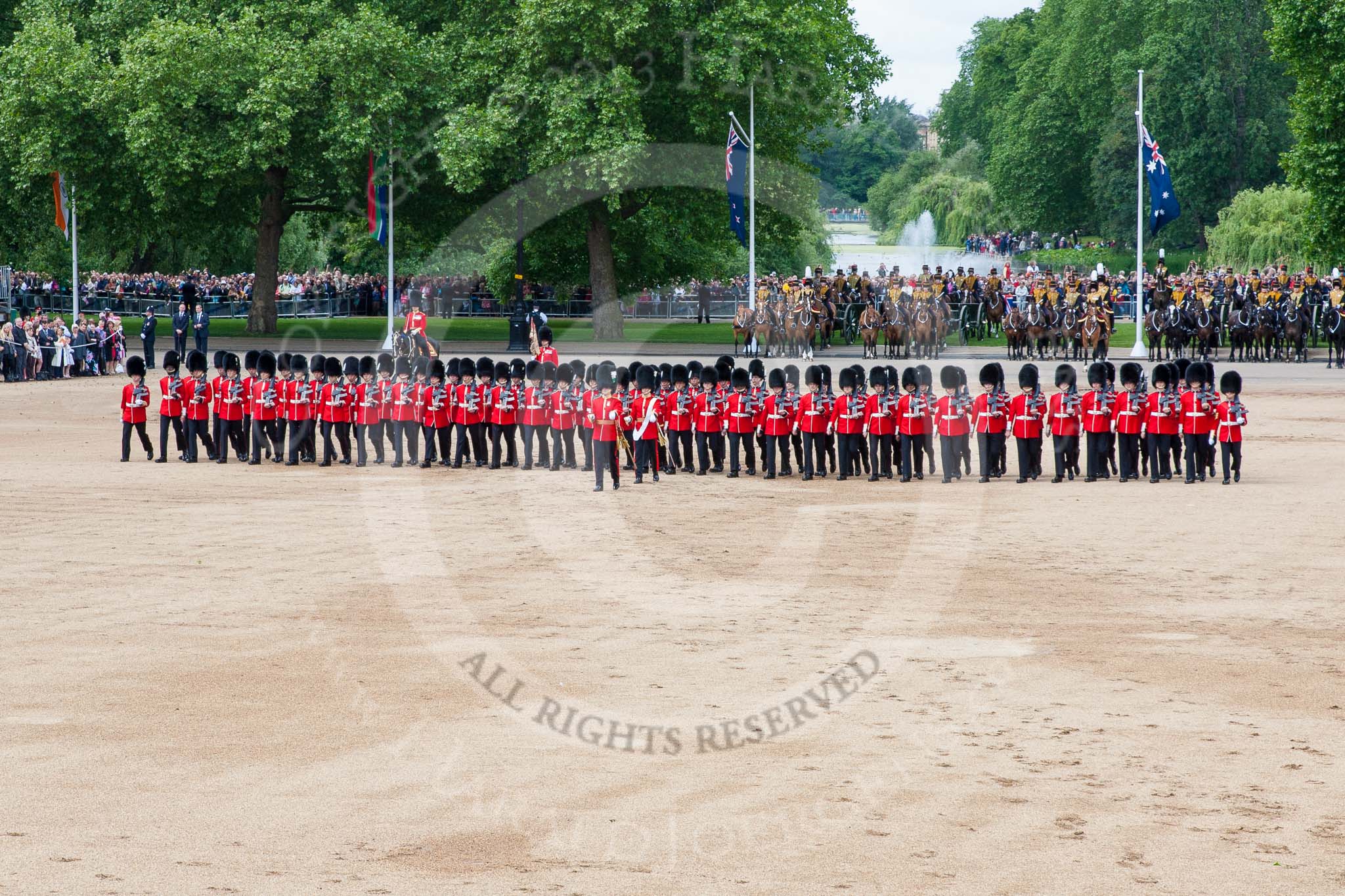 Trooping the Colour 2013: No. 1 Guard (Escort for the Colour),1st Battalion Welsh Guards is moving forward to receive the Colour. Image #436, 15 June 2013 11:17 Horse Guards Parade, London, UK