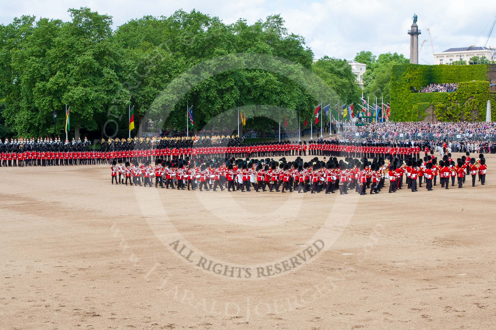 Trooping the Colour 2013: The Massed Bands playing "The British Grenadiers" whilst No. 1 Guard is on the move. Image #437, 15 June 2013 11:17 Horse Guards Parade, London, UK