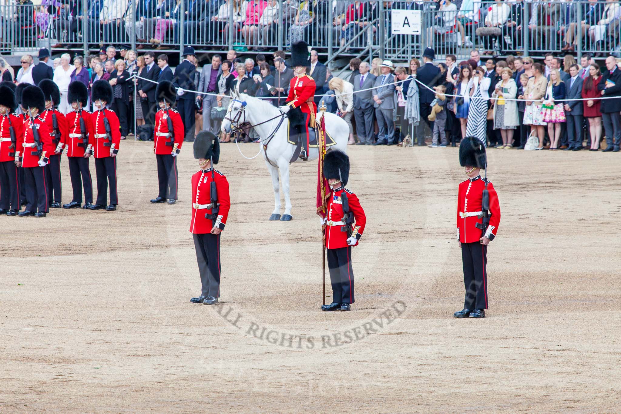 Trooping the Colour 2013: About to hand over the Colour - Colour Sergeant R J Heath, Welsh Guards, with the two (unfortunately unnamed) sentries. Image #444, 15 June 2013 11:18 Horse Guards Parade, London, UK