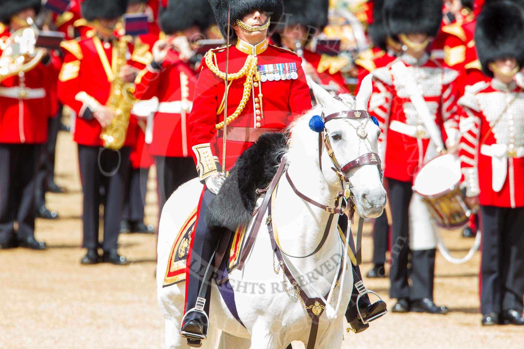 Trooping the Colour 2013: The Field Officer in Brigade Waiting, Lieutenant Colonel Dino Bossi, Welsh Guards, during the National Anthem after the Colour has been handed over to the Ensign. Image #468, 15 June 2013 11:21 Horse Guards Parade, London, UK