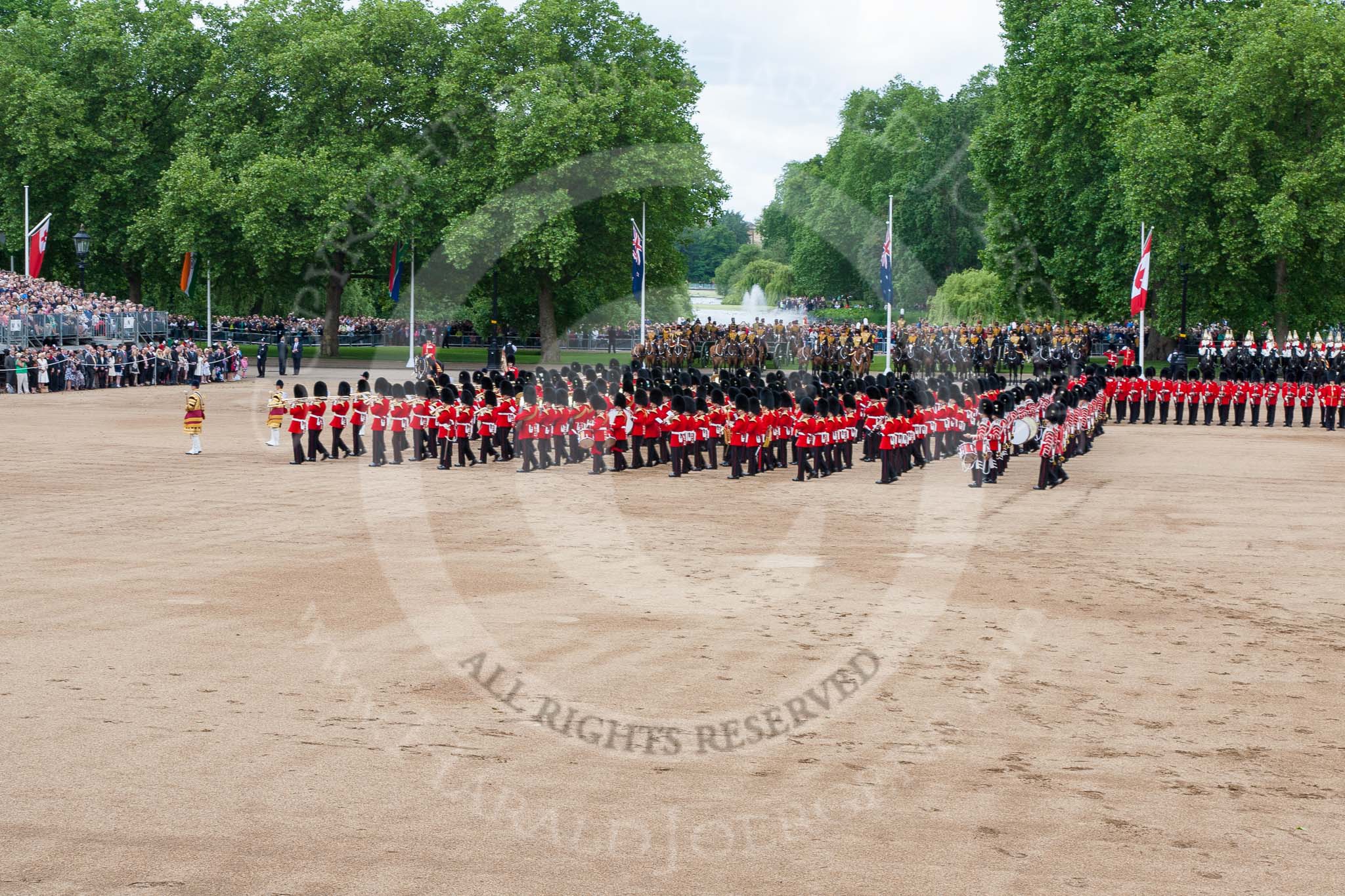 Trooping the Colour 2013: The five Massed Bands are playing the Grenadiers Slow March during the trooping of the Colour through the ranks. Image #493, 15 June 2013 11:25 Horse Guards Parade, London, UK