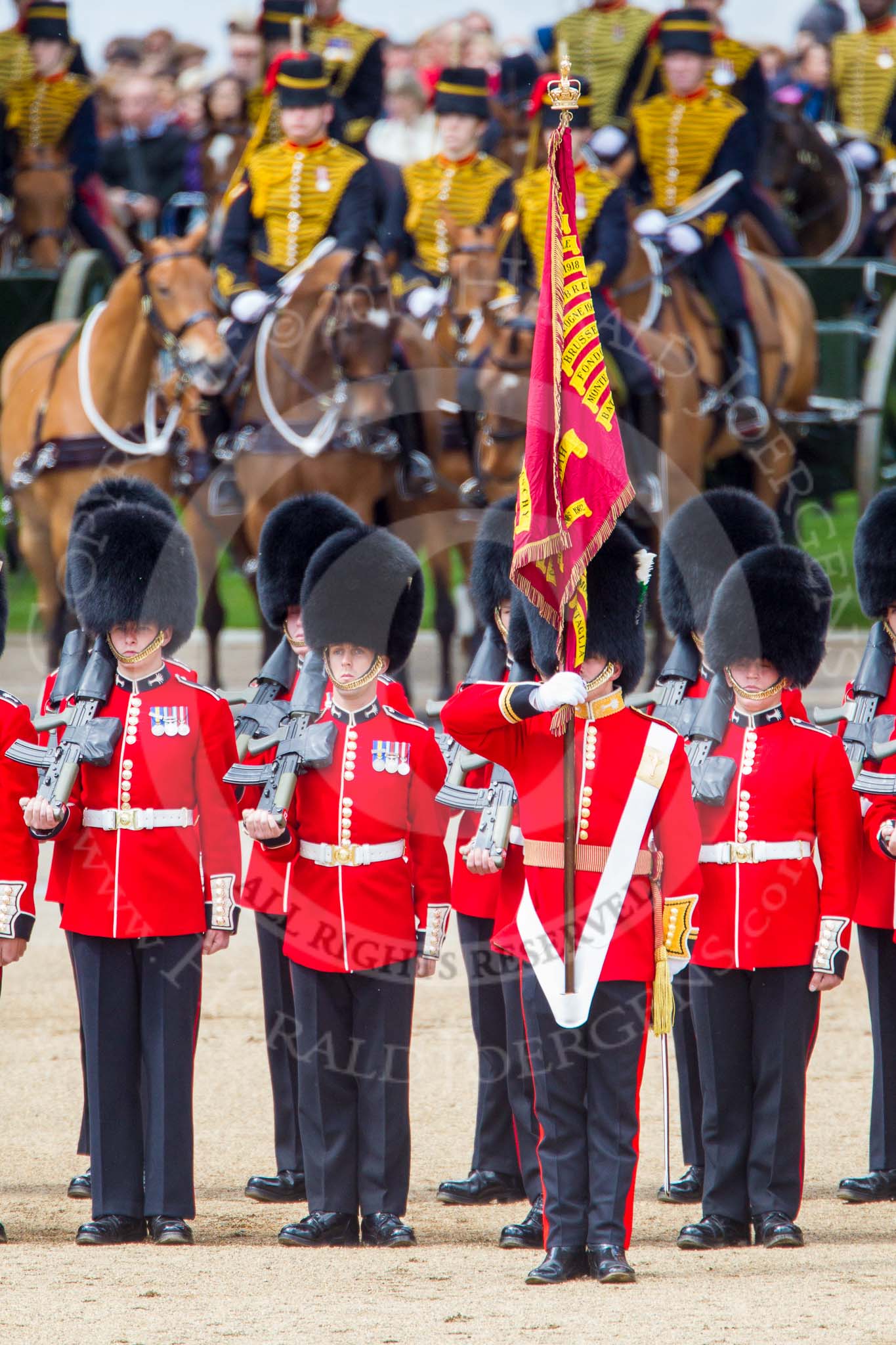 Trooping the Colour 2013: The Ensign, Second Lieutenant Joel Dinwiddle, and the Escort to the Colour,are back at their initial position, when they were the Escort for the Colour. Image #506, 15 June 2013 11:28 Horse Guards Parade, London, UK