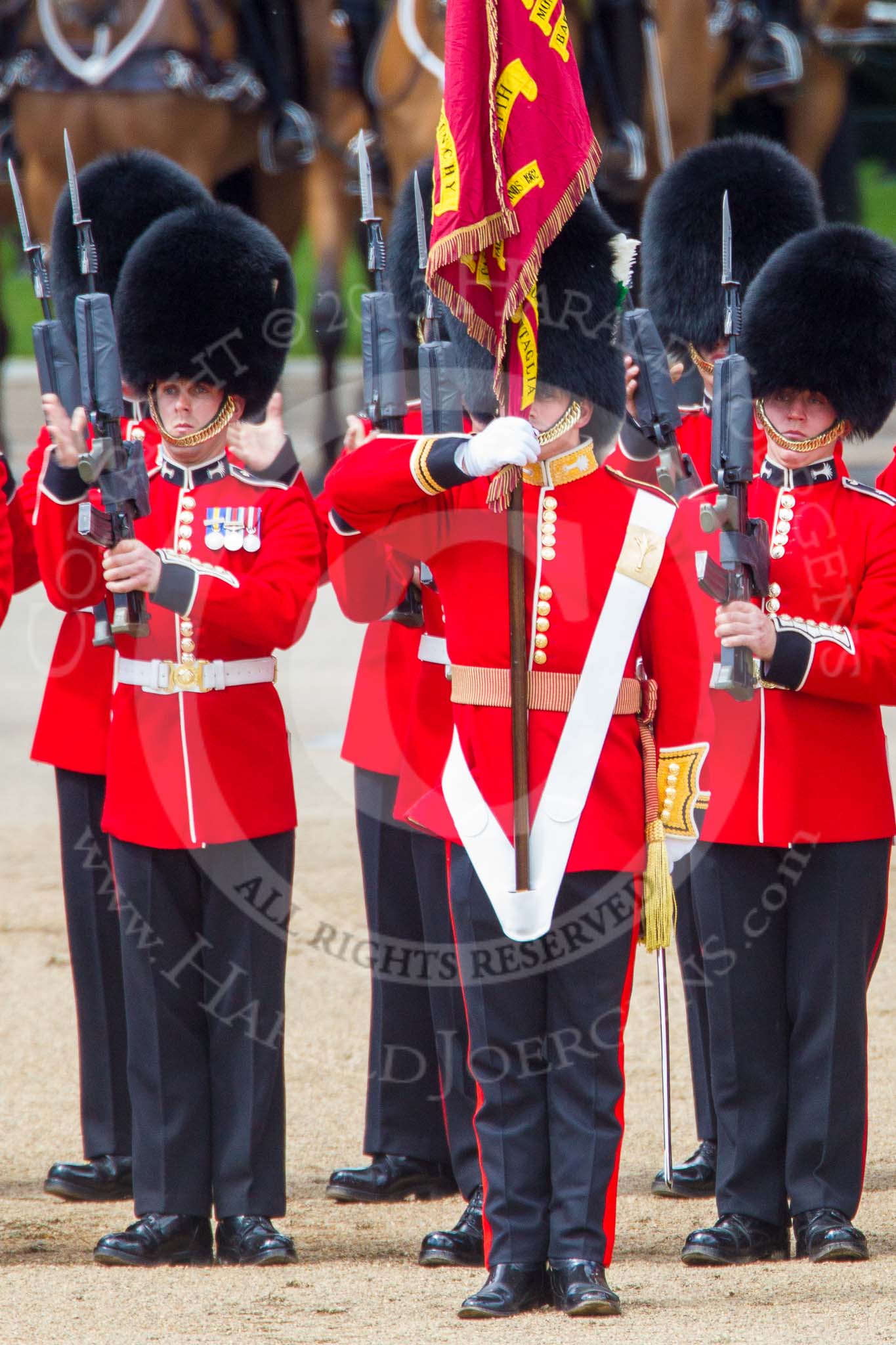 Trooping the Colour 2013: The Ensign, Second Lieutenant Joel Dinwiddle, and the Escort to the Colour,are back at their initial position, when they were the Escort for the Colour. The guardsmen are changing arms. Image #508, 15 June 2013 11:28 Horse Guards Parade, London, UK