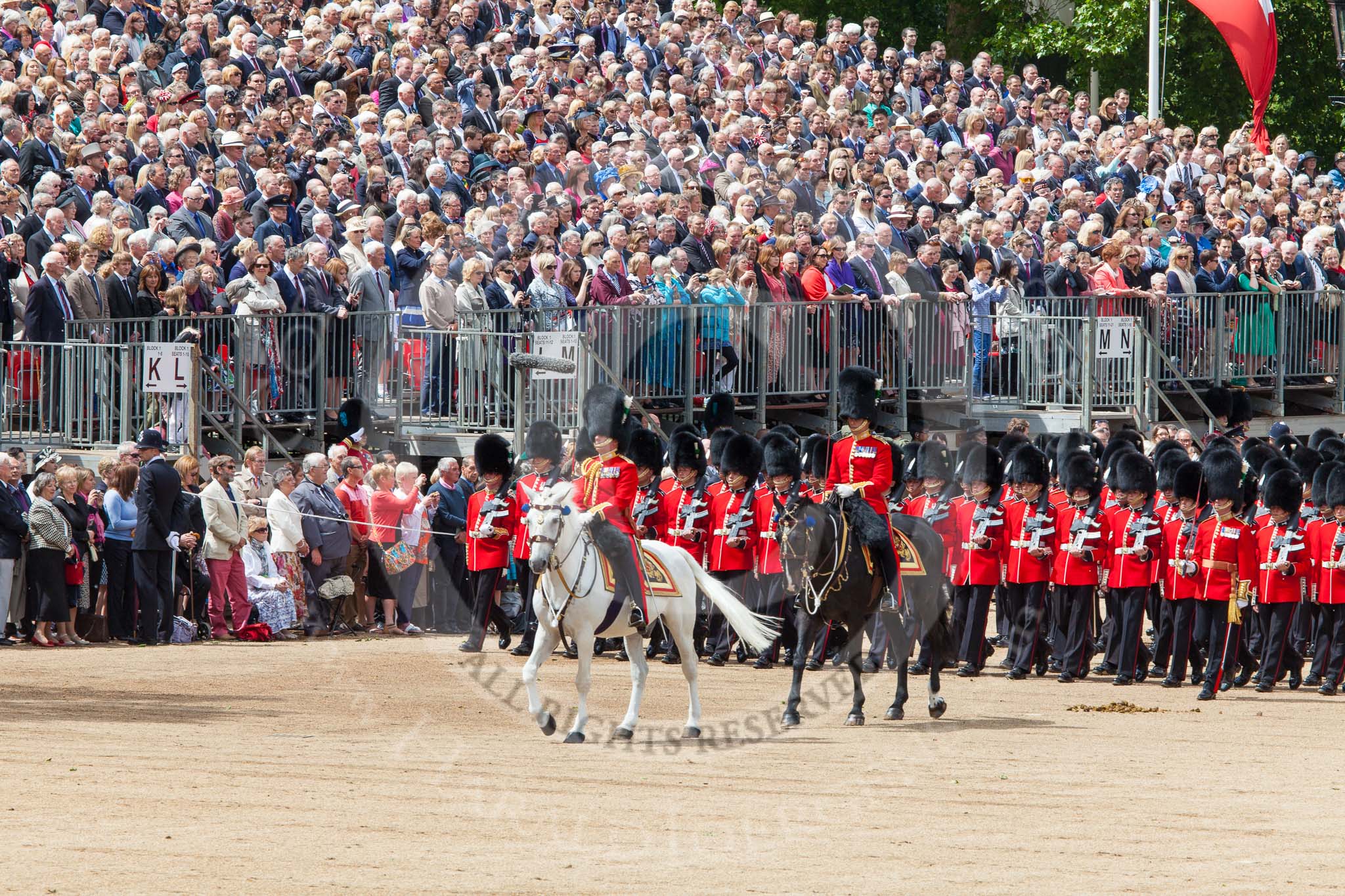 Trooping the Colour 2013: The Field Officer in Brigade Waiting, Lieutenant Colonel Dino Bossi, Welsh Guards, and the Major of the Parade, Major H G C Bettinson, Welsh Guards, leading the March Past. Image #528, 15 June 2013 11:33 Horse Guards Parade, London, UK