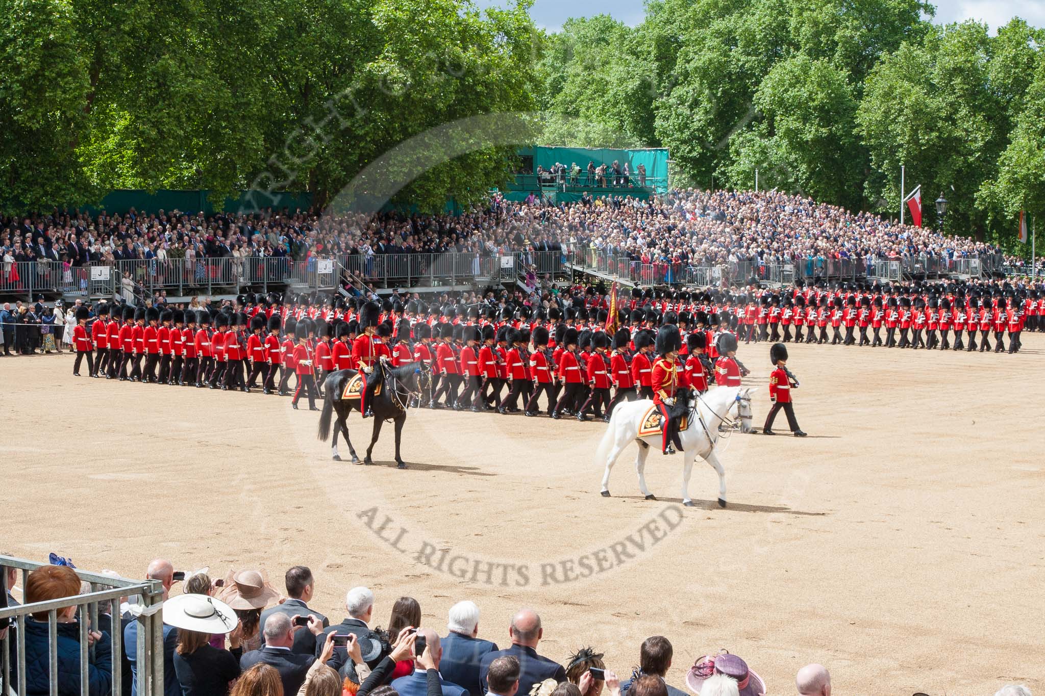 Trooping the Colour 2013: The Field Officer in Brigade Waiting, Lieutenant Colonel Dino Bossi, Welsh Guards, and the Major of the Parade, Major H G C Bettinson, Welsh Guards, leading the March Past. Image #535, 15 June 2013 11:34 Horse Guards Parade, London, UK