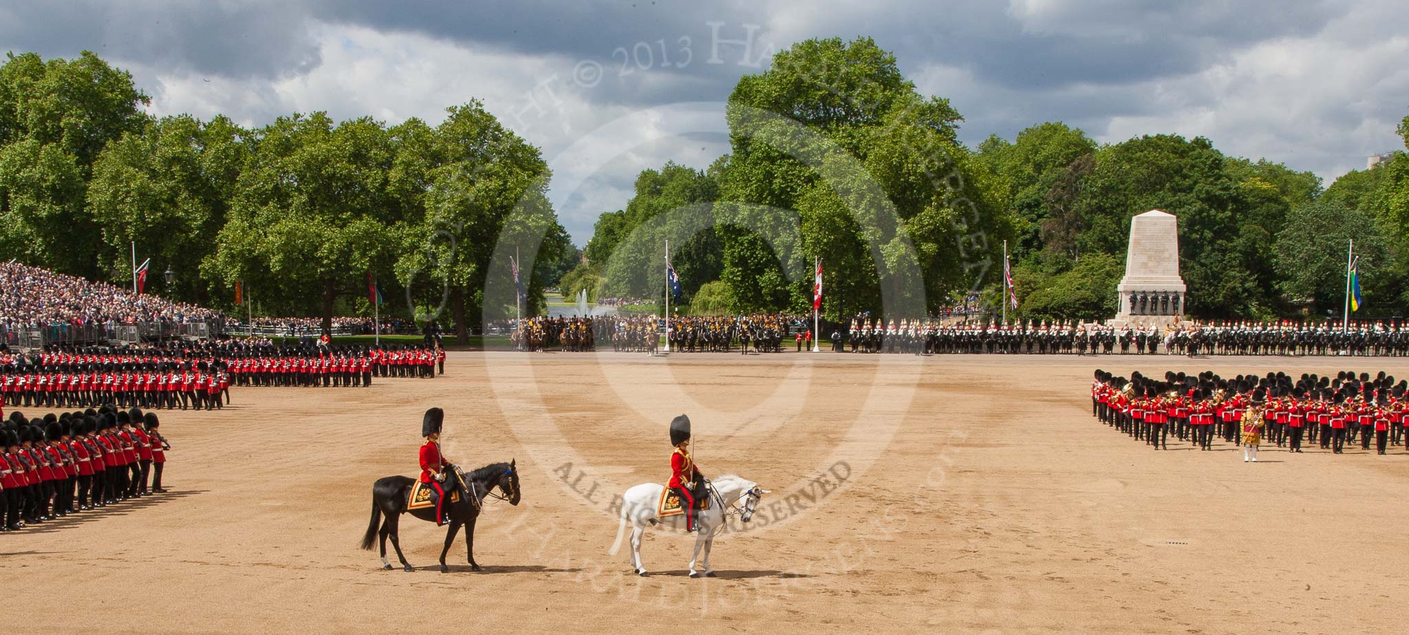 Trooping the Colour 2013: The Field Officer in Brigade Waiting, Lieutenant Colonel Dino Bossi, Welsh Guards, and the Major of the Parade, Major H G C Bettinson, Welsh Guards, leading the March Past. Image #536, 15 June 2013 11:35 Horse Guards Parade, London, UK