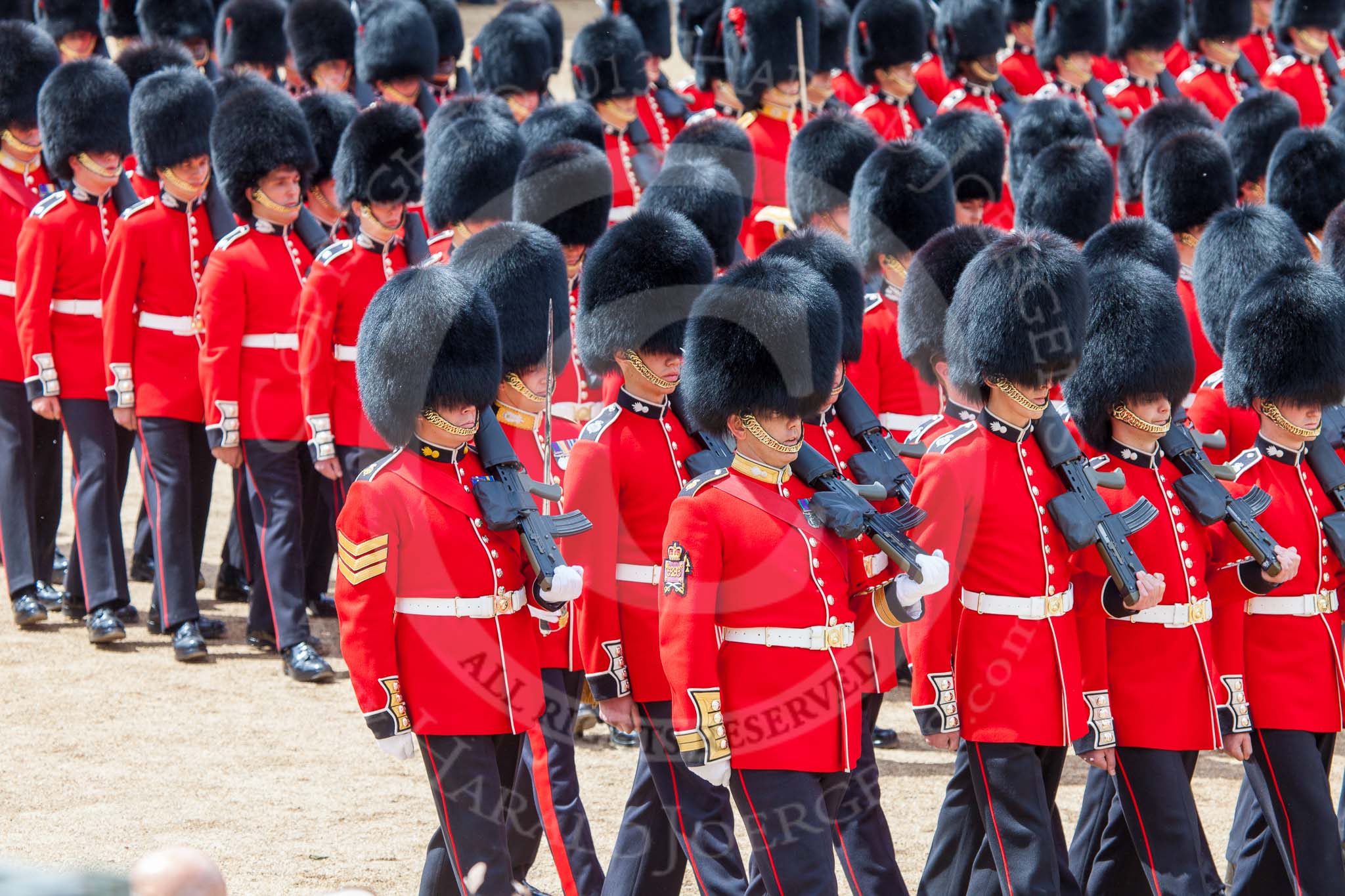 Trooping the Colour 2013: No. 4 Guard, Nijmegen Company Grenadier Guards, during the March Past, in front Company Sergeant Major H L Lawn. Image #546, 15 June 2013 11:37 Horse Guards Parade, London, UK
