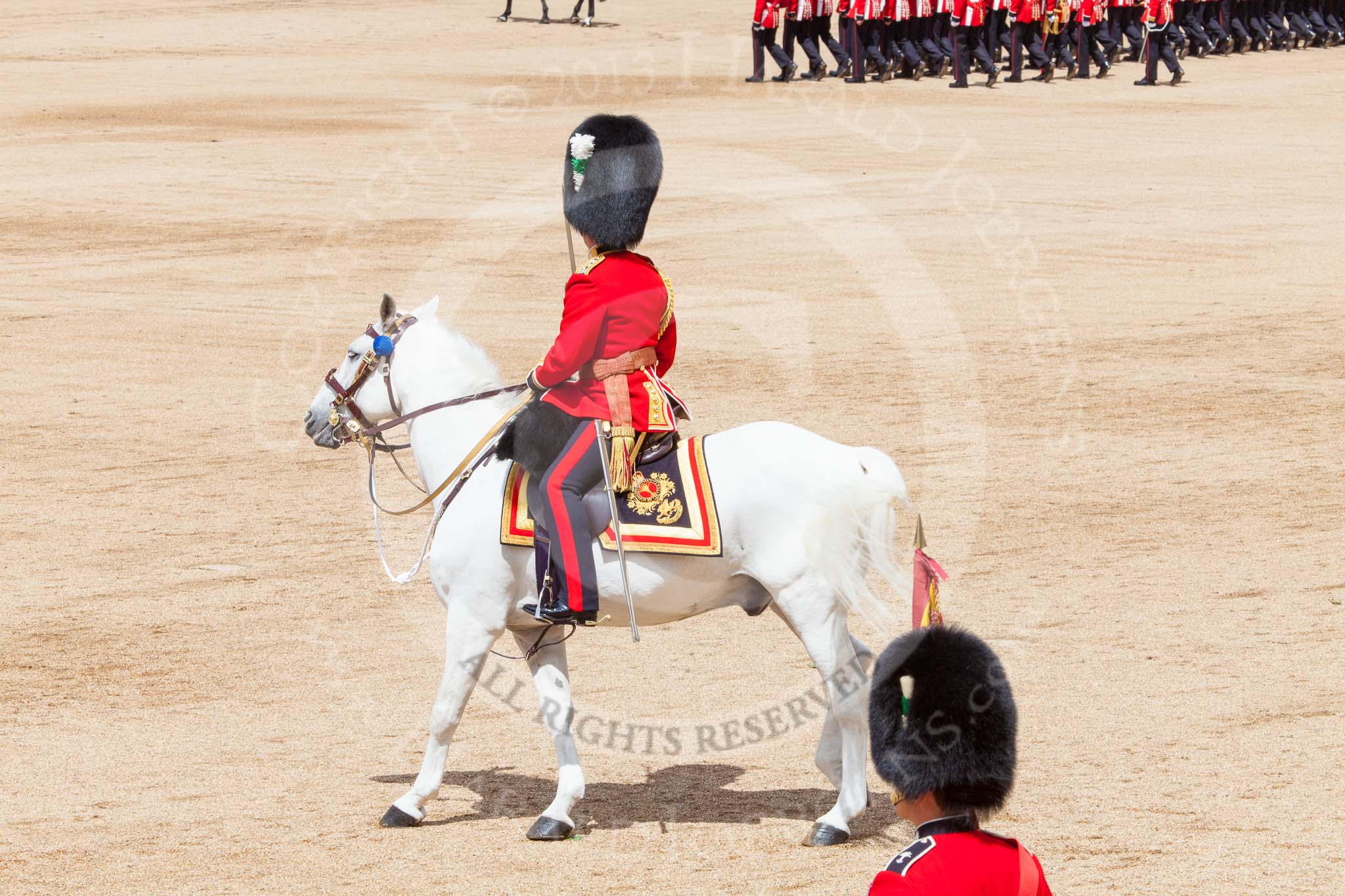 Trooping the Colour 2013: The Field Officer in Brigade Waiting, Lieutenant Colonel Dino Bossi, Welsh Guards, returning to the head of the guards during the March Past. Image #567, 15 June 2013 11:39 Horse Guards Parade, London, UK