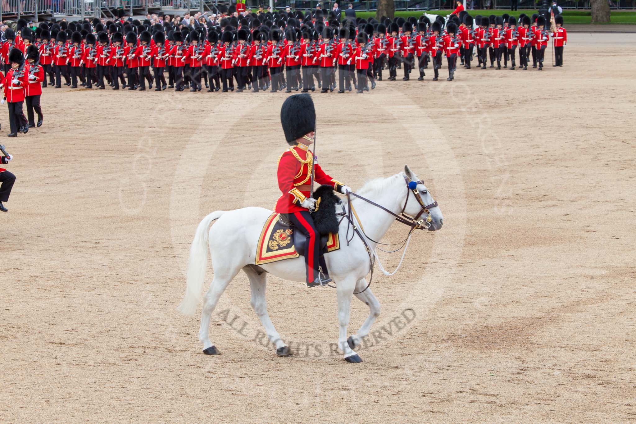 Trooping the Colour 2013: The March Past in Quick Time - the Major of the Parade, Major H G C Bettinson, Welsh Guards, and the Field Officer in Brigade Waiting, Lieutenant Colonel Dino Bossi, Welsh Guards. Image #596, 15 June 2013 11:44 Horse Guards Parade, London, UK