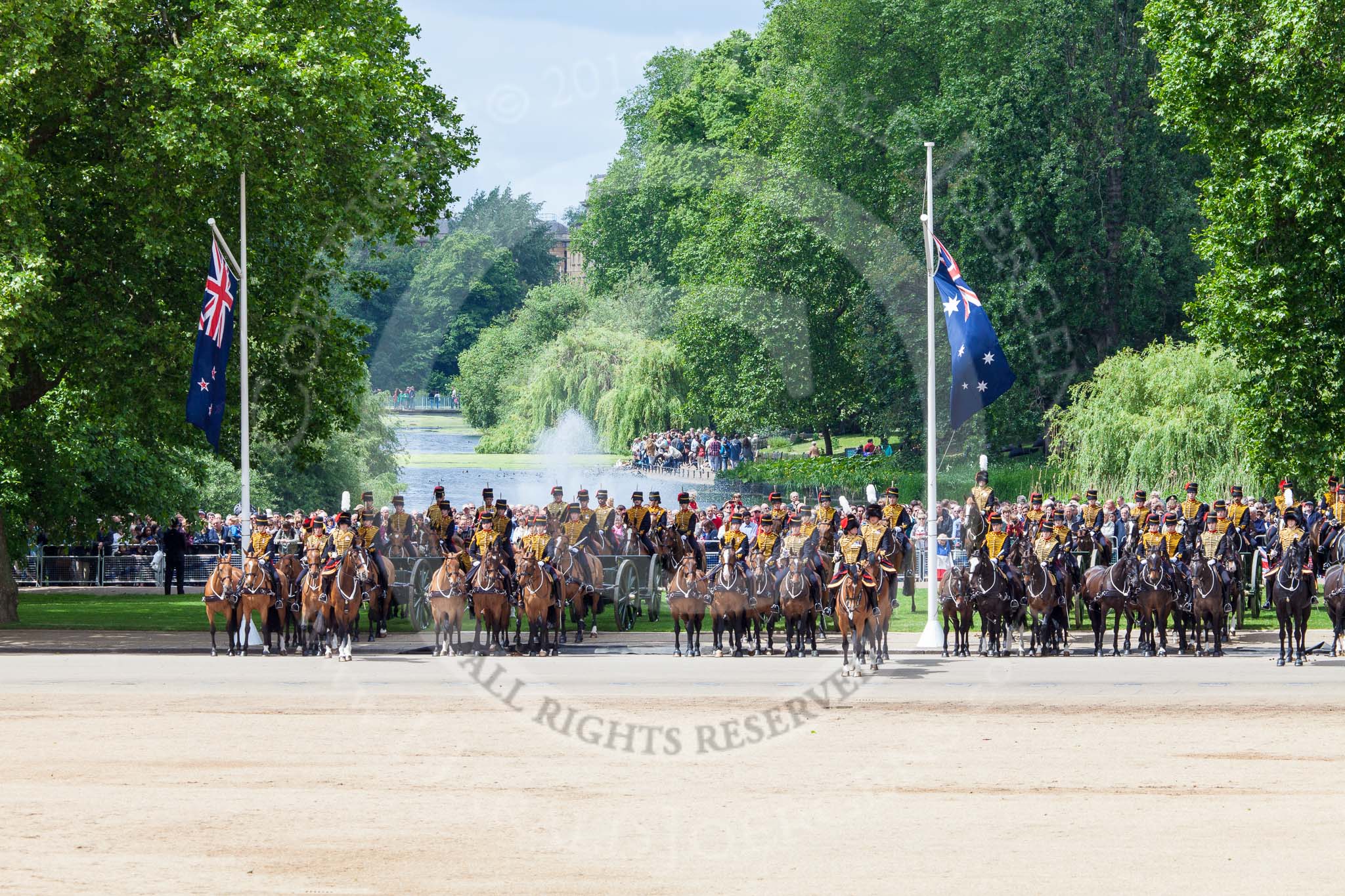 Trooping the Colour 2013: The King's Troop Royal Horse Artillery at their position in front of St James's Park Lake. Image #619, 15 June 2013 11:48 Horse Guards Parade, London, UK