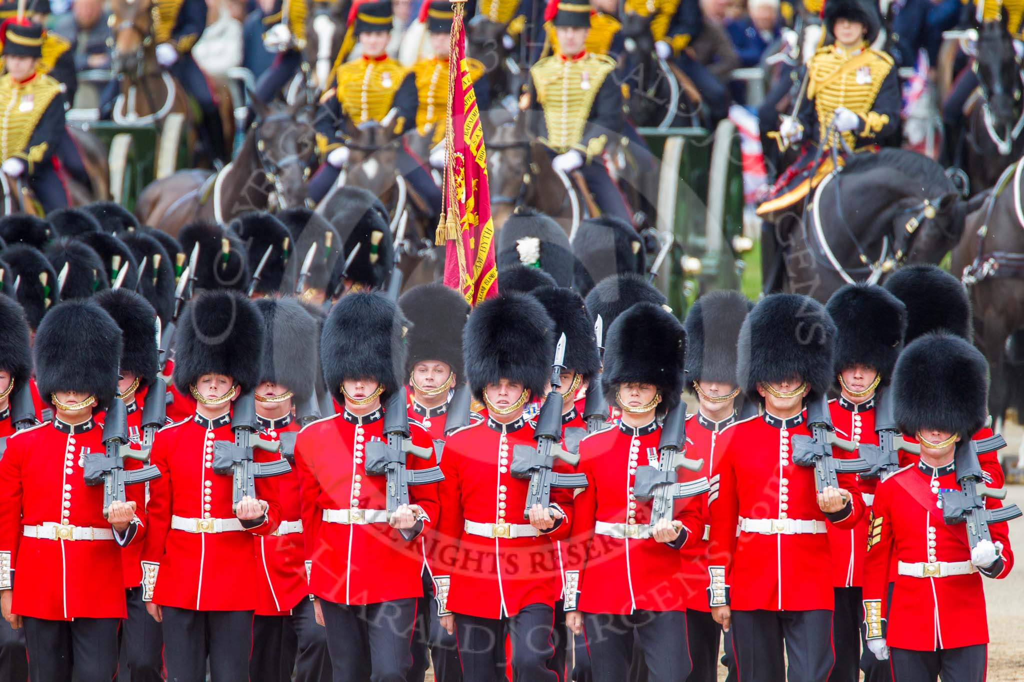 Trooping the Colour 2013: At the end of the March Past in Quick Time, all five guards on the northern side of Horse Guards Parade peform a ninety-degree-turn at the same time. Image #630, 15 June 2013 11:49 Horse Guards Parade, London, UK