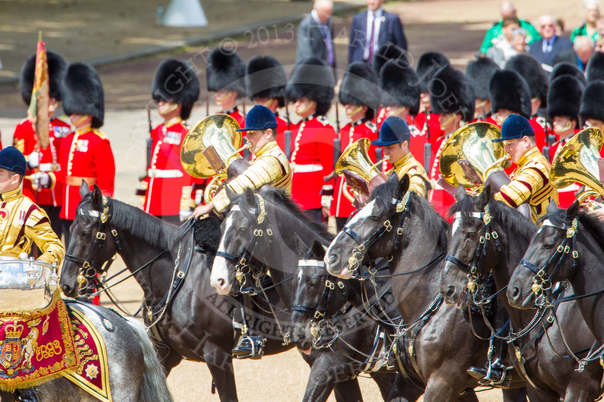 Trooping the Colour 2013: The Ride Past - the Mounted Bands of the Household Cavalry move, from the eastern side, onto Horse Guards Parade. Image #649, 15 June 2013 11:52 Horse Guards Parade, London, UK