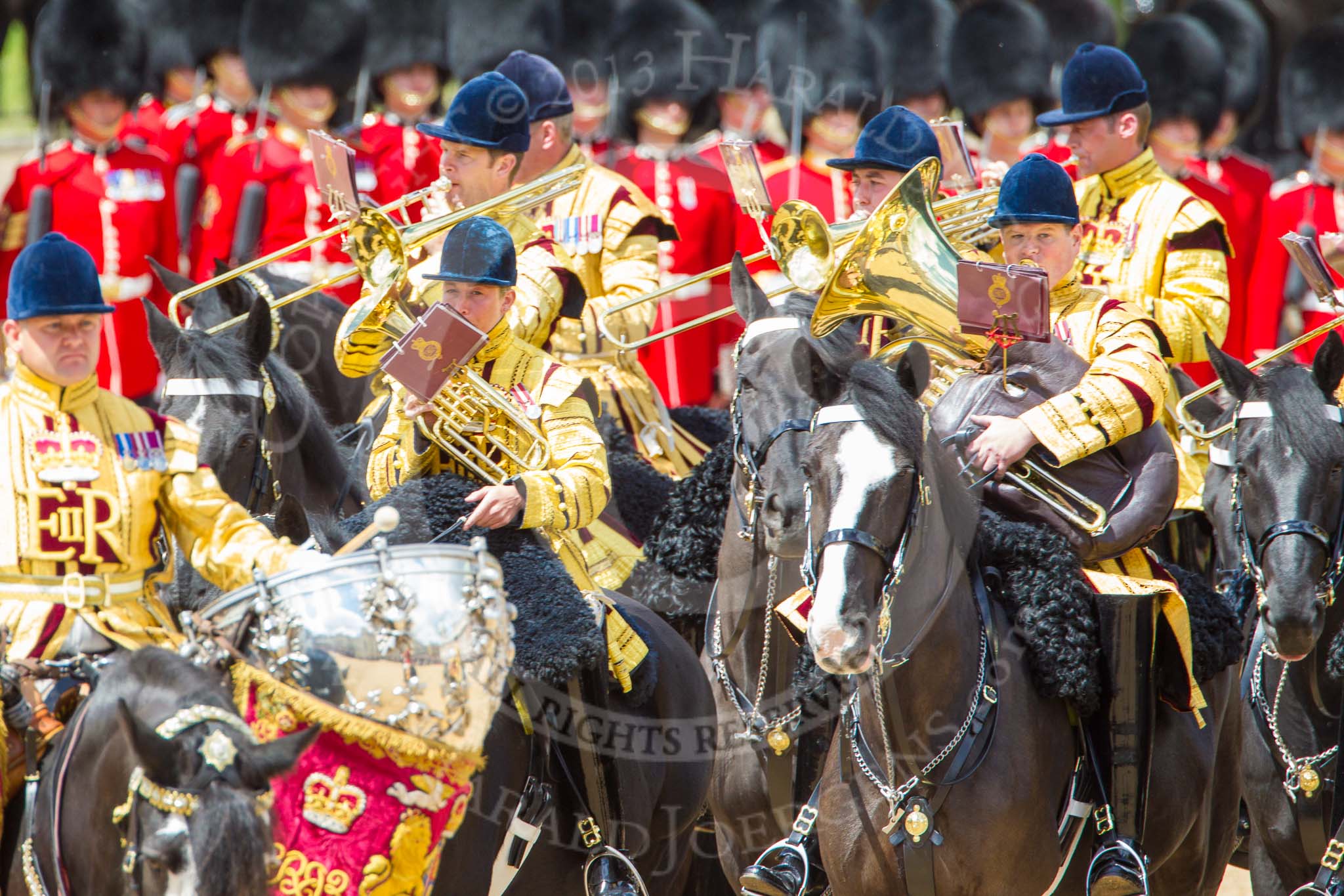 Trooping the Colour 2013: The Ride Past - the Mounted Bands of the Household Cavalry move, from the eastern side, onto Horse Guards Parade. Image #656, 15 June 2013 11:53 Horse Guards Parade, London, UK