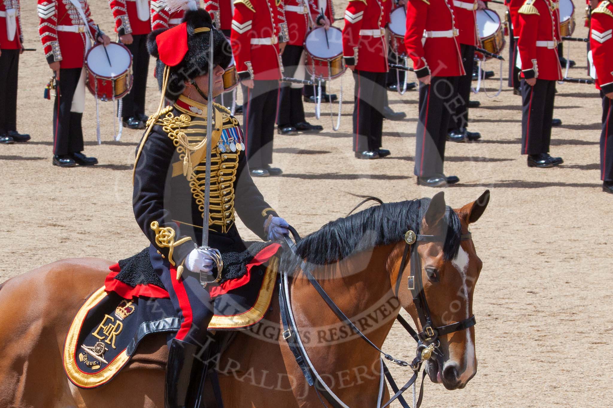 Trooping the Colour 2013: The Ride Past - the King's Troop Royal Horse Artillery. Here the Commanding Officer, Major Mark Edward, Royal Horse Artillery. Image #662, 15 June 2013 11:54 Horse Guards Parade, London, UK