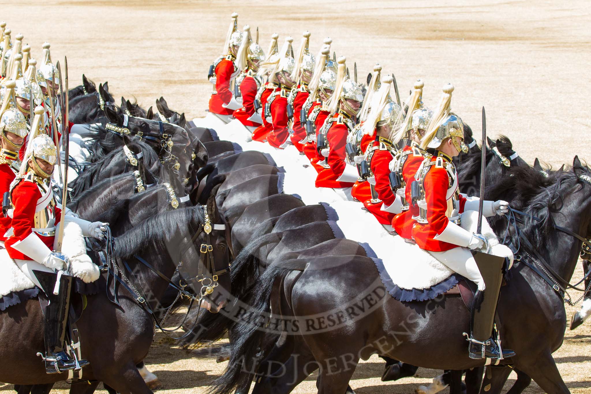 Trooping the Colour 2013: The First and Second Divisions of the Sovereign's Escort, The Life Guards, during the Ride Past. Image #693, 15 June 2013 11:55 Horse Guards Parade, London, UK