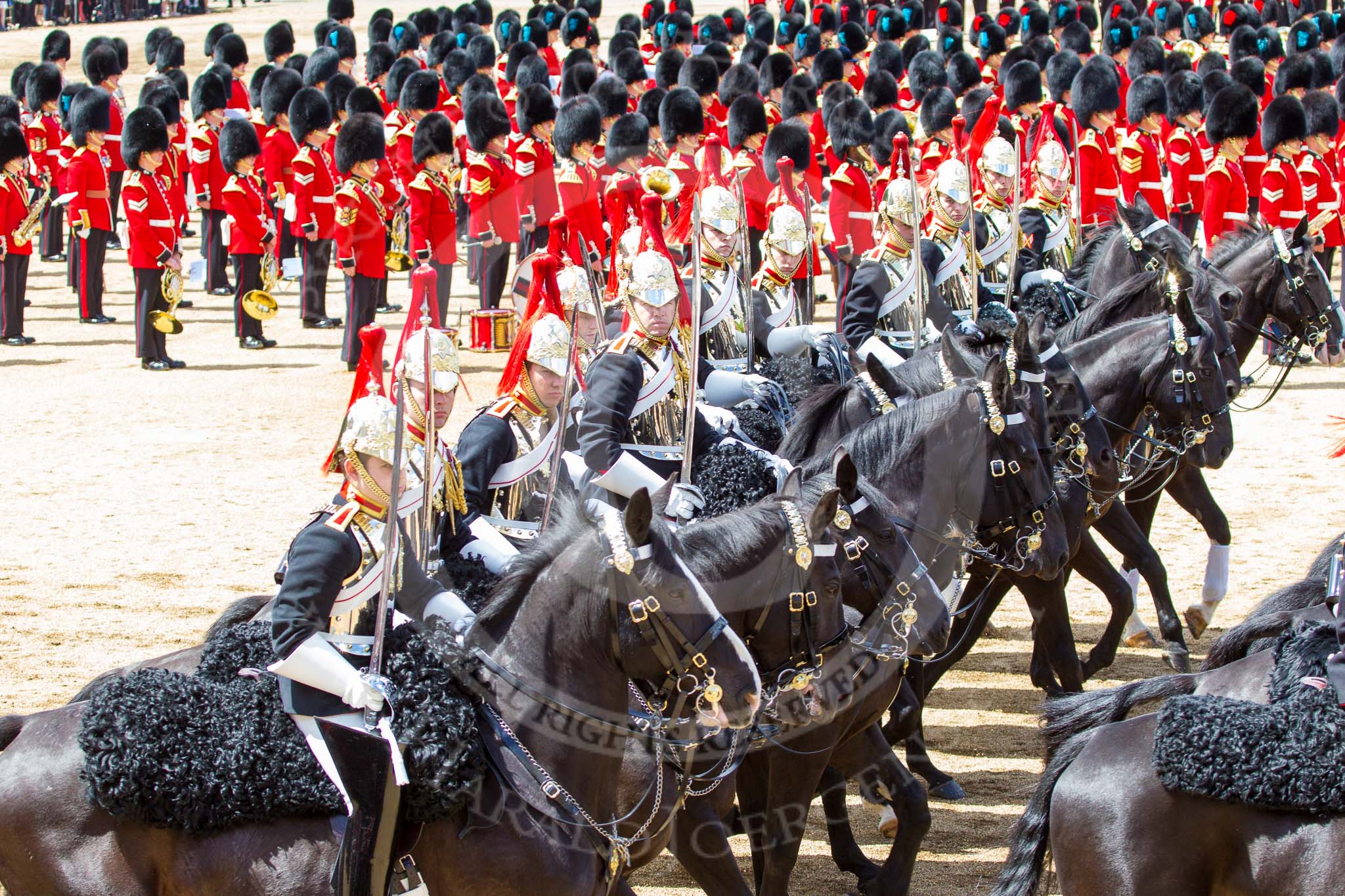 Trooping the Colour 2013: The Third and Forth Divisions of the Sovereign's Escort, The Blues and Royals, during the Ride Past. Image #700, 15 June 2013 11:56 Horse Guards Parade, London, UK