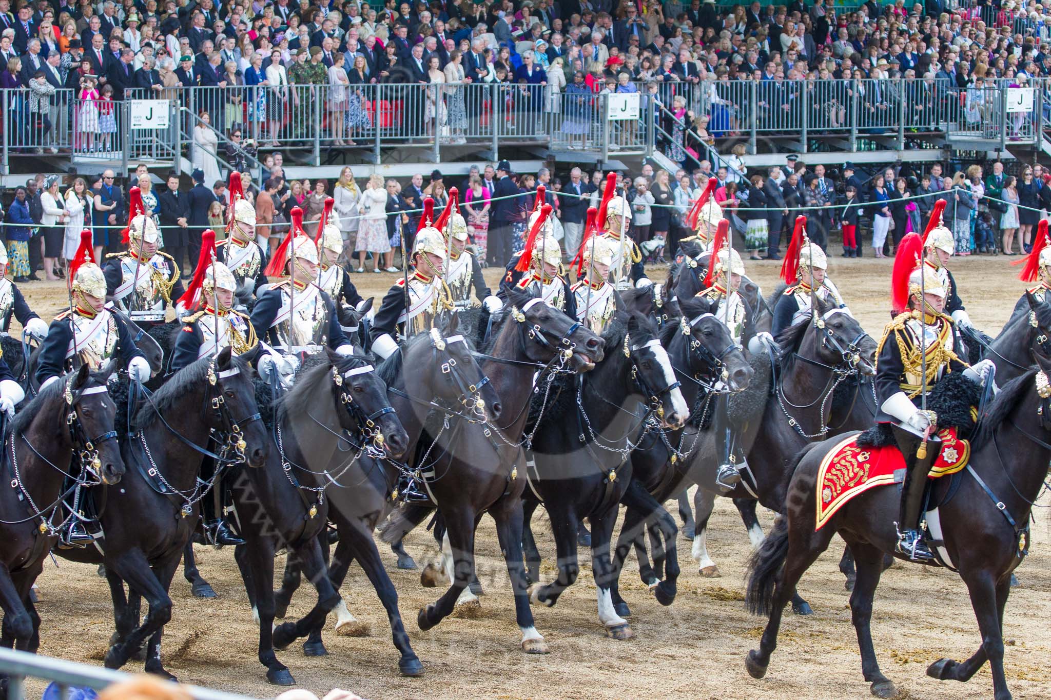 Trooping the Colour 2013: The Third and Forth Divisions of the Sovereign's Escort, The Blues and Royals, during the Ride Past. Image #731, 15 June 2013 11:59 Horse Guards Parade, London, UK