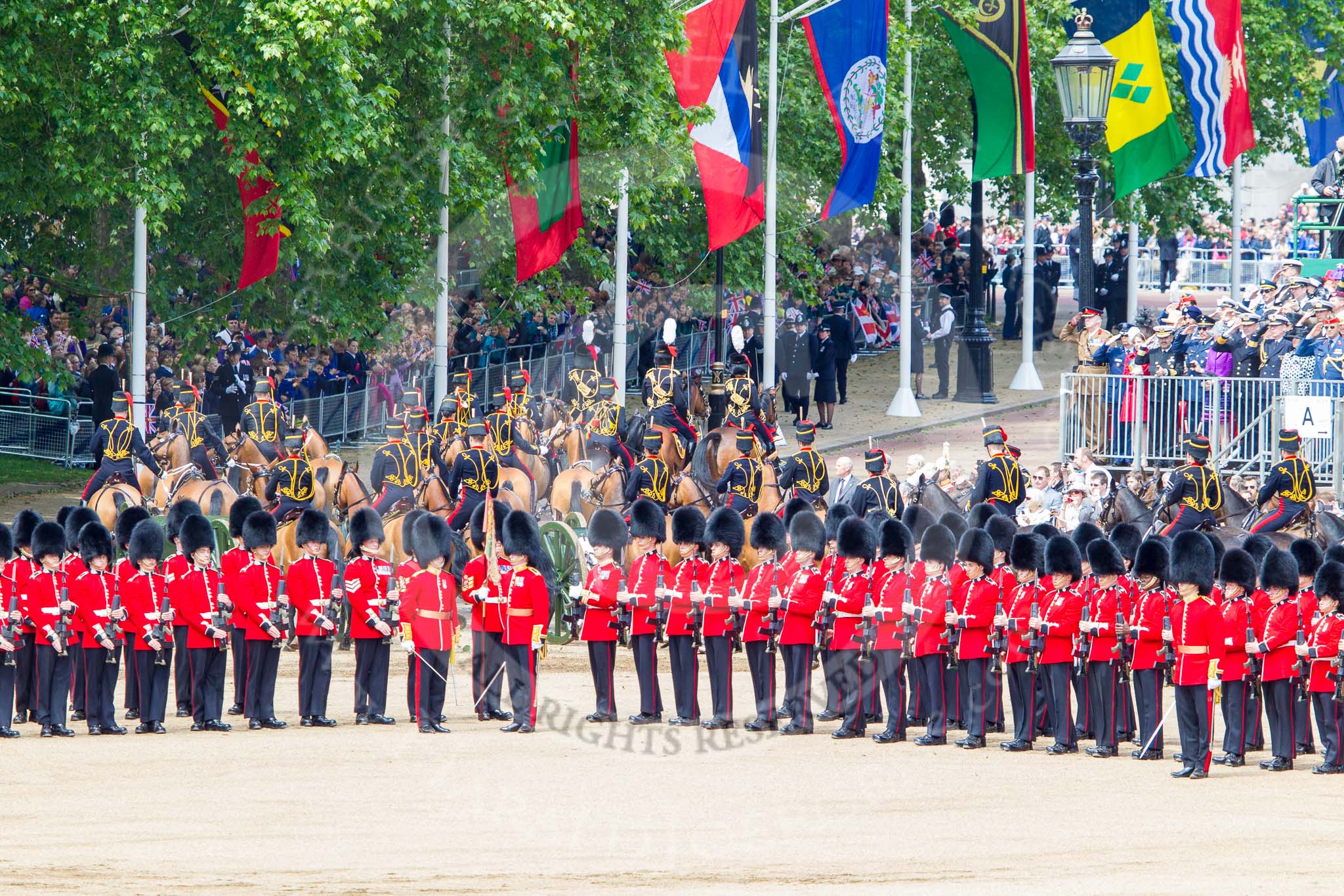 Trooping the Colour 2013: With the Ride Past coming to and end, the King's Troop Royal Horse Artillery are gathering on Horse Guards Road, ready to leave Horse Guards Parade and to march off. Image #737, 15 June 2013 11:59 Horse Guards Parade, London, UK