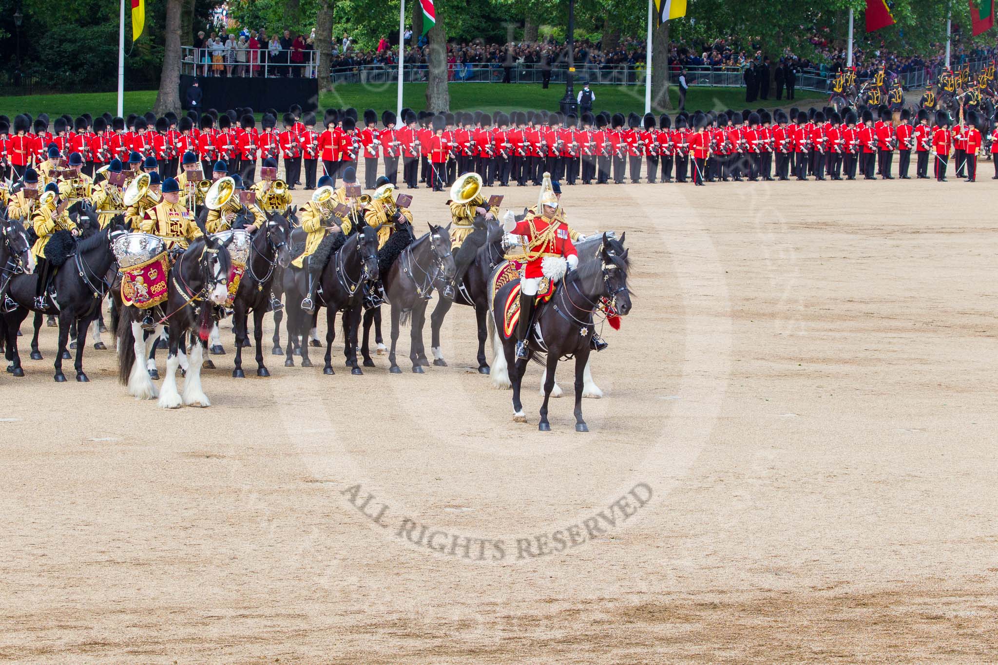 Trooping the Colour 2013: The Mounted Bands of the Household Cavalry are ready to leave, the Royal Horse Artillery can be seen on the top-right of the photos, ready to march off. Image #740, 15 June 2013 12:00 Horse Guards Parade, London, UK